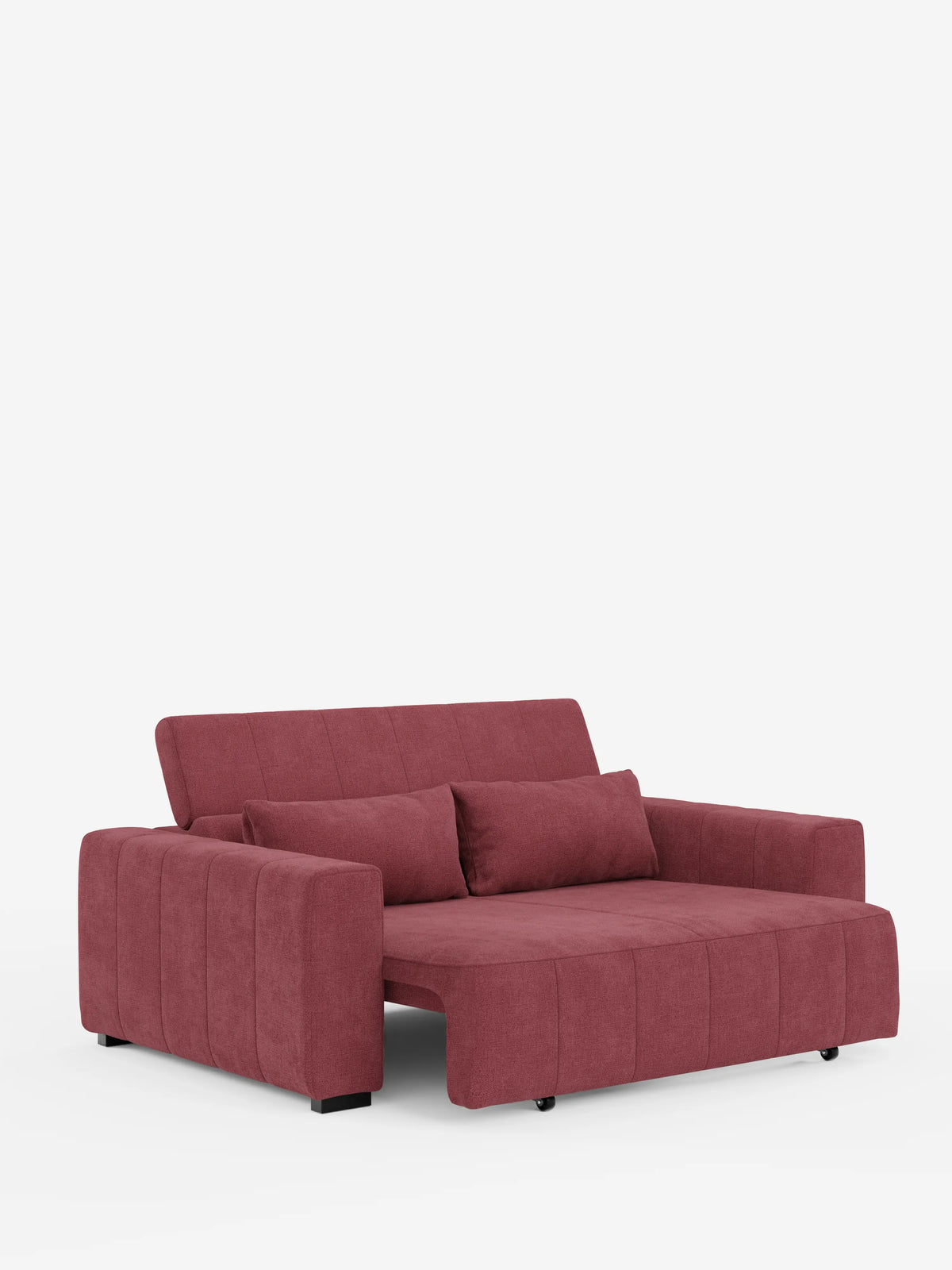 Presentato su uno sfondo bianco a tinta unita, il divano a 3 posti Doric di divitt.sbs si caratterizza per un design contemporaneo con rivestimento in tessuto T23 rosso tenue e resistente alle macchie. Il divano presenta ampi braccioli, cuciture verticali, due cuscini rettangolari coordinati per lo schienale, gambe basse nere ed è dotato di sedute estensibili elettricamente e poggiatesta regolabili per un comfort ancora maggiore.