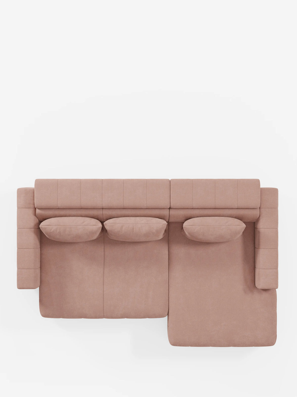 Vista dall'alto del divano angolare dorico con penisola e sedute allungabili con relax elettrico - poggiatesta reclinabili in tessuto smacchiabile T23 di divitt.sbs, raffigurato in un tessuto beige-rosato. Questo divano componibile è composto da tre moduli rettangolari, due cuscini rettangolari e una chaise longue estesa (penisola) sulla destra. Il design è caratterizzato da linee rette e pulite e si distingue su uno sfondo bianco.