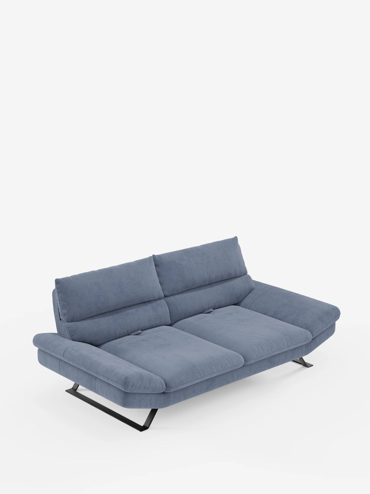 Vi presentiamo il divano Eclipse dal design moderno di divitt.sbs: un divano contemporaneo in tessuto blu, disponibile nella versione a 2 o 3 posti, dotato di schienali traslanti per una regolazione dello schienale. Questo elegante divano in microfibra smacchiabile T11 presenta cuscini spessi, fianchi leggermente reclinati e gambe alte in metallo nero, che risaltano perfettamente sullo sfondo bianco a tinta unita.