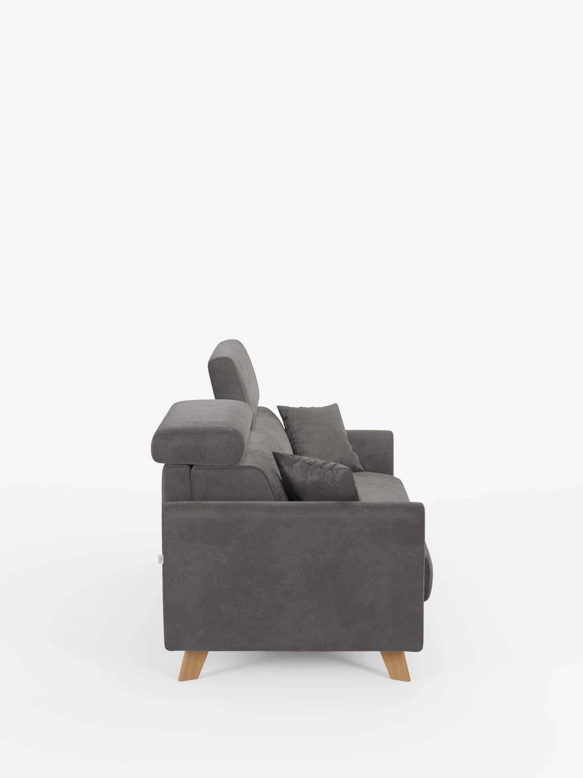 Una vista laterale del divano letto Francy con poggiatesta regolabili di divitt.sbs è raffigurata su uno sfondo bianco a tinta unita. Rivestito in elegante tessuto T30 grigio scuro, resistente alle macchie, questo moderno divano a due posti presenta gambe in legno dal design minimalista, poggiatesta regolabili e viene fornito con due cuscini decorativi abbinati. I rivestimenti completamente sfoderabili esaltano ulteriormente il suo design contemporaneo e funzionale.