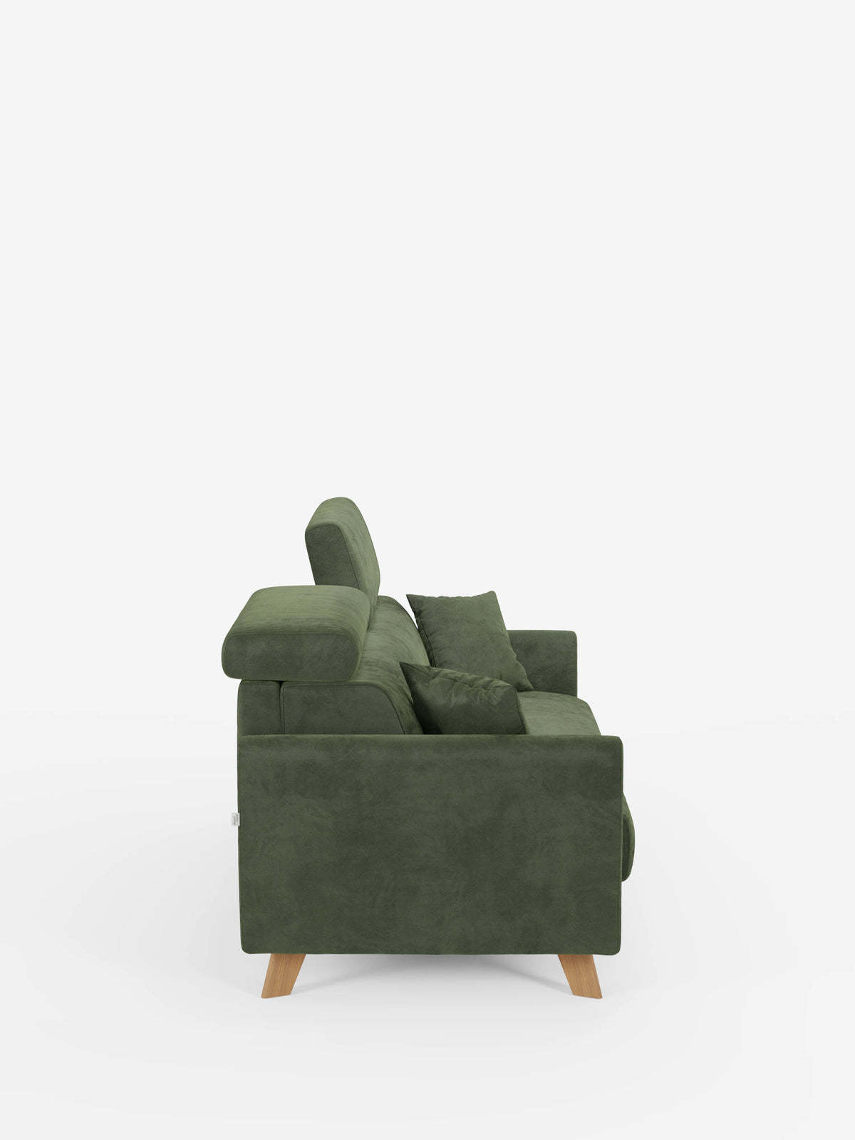 Vista laterale del divano letto Francy con poggiatesta regolabili di divitt.sbs, rivestito in un elegante tessuto T30 verde scuro resistente alle macchie. Caratterizzato da due cuscini e gambe in legno, il suo poggiatesta regolabile spicca su uno sfondo bianco a tinta unita, mettendo in risalto le linee pulite del divano e il morbido rivestimento completamente sfoderabile.