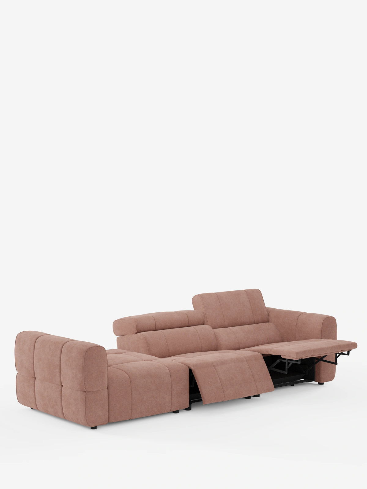 Un divano componibile Giotto Divano color rosa polveroso con terminale aperto – opzione relax elettrico in tessuto smacchiabile T23, su sfondo bianco, caratterizzato da schienali dal profilo ribassato e due poggiapiedi reclinabili elettricamente.