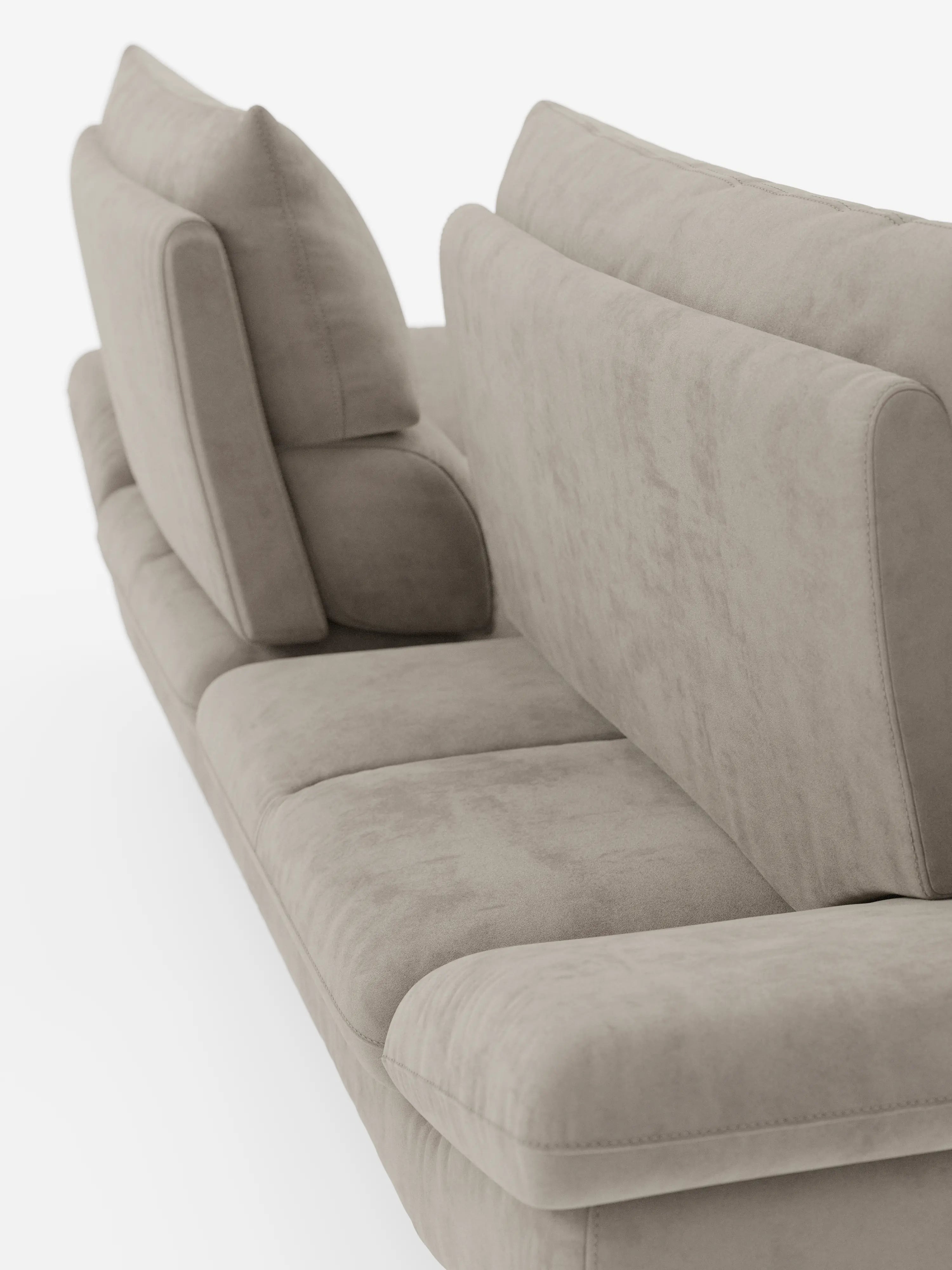 Un primo piano dell’Eclipse Divano, dal design moderno a 2 e 3 posti con schienali traslanti di divitt.sbs, ne mette in risalto la silhouette moderna, il rivestimento in microfibra T11 beige chiaro e resistente alle macchie e i morbidi cuscini imbottiti. Le linee pulite del divano, gli schienali regolabili (schienali traslanti) e le gambe alte ne esaltano il comfort modulabile e l’eleganza contemporanea su uno sfondo bianco.