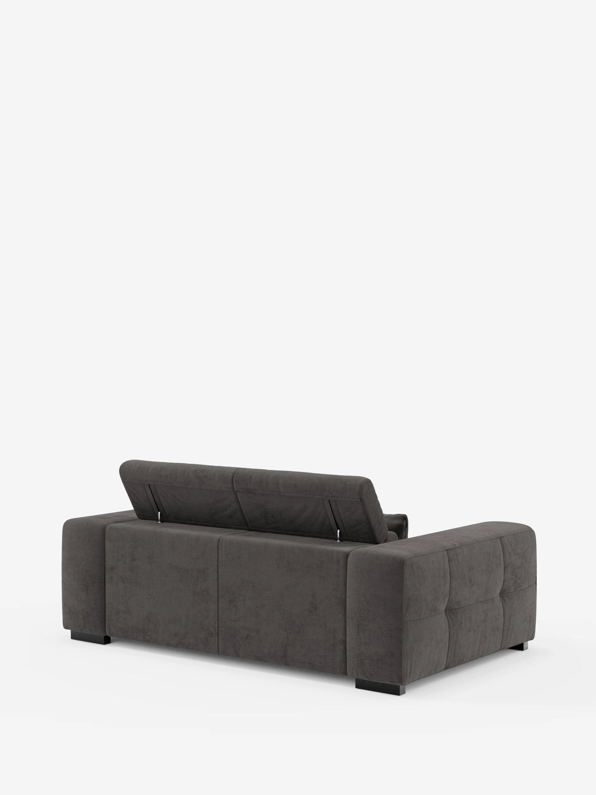 Il divano Monarch Divano con Relax Elettrico per l’allungamento delle sedute e poggiatesta reclinabile di divitt.sbs, in grigio scuro e dal design moderno, è raffigurato visto da dietro. Il divano, lussuoso e trapuntato, presenta ampi braccioli e gambe corte nere, con un poggiatesta sollevato per rivelare il suo meccanismo di relax regolabile. Rivestito in morbido tessuto T31 resistente alle macchie, il divano è posto su uno sfondo bianco a tinta unita.