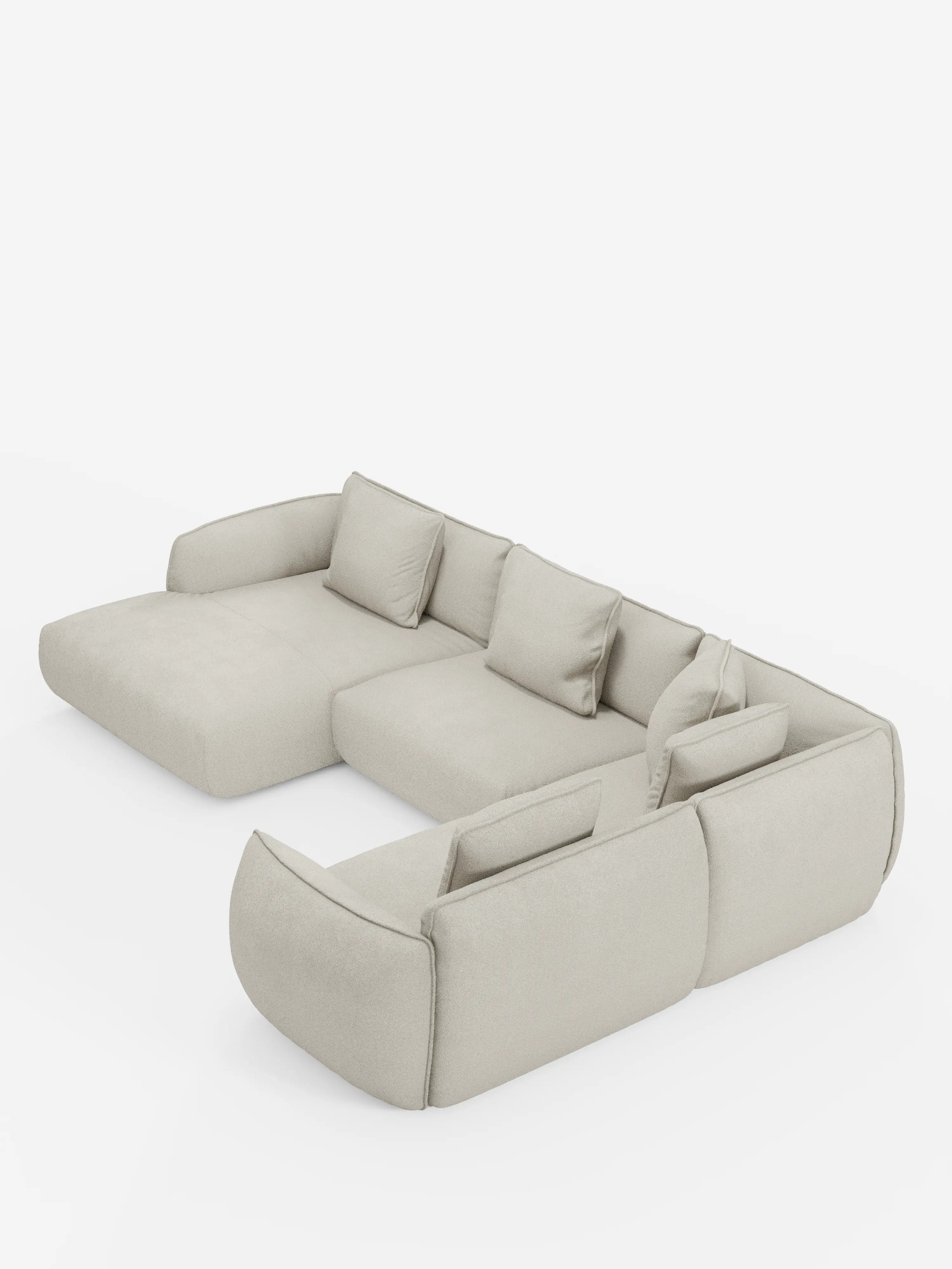 Vi presentiamo il divano angolare panoramico componibile Nimbus con penisola e angolo in tessuto smacchiabile T33 di divitt.sbs: un moderno divano componibile a L in beige chiaro, caratterizzato da sedute ampie e dal profilo ribassato, morbidi cuscini dello schienale e braccioli arrotondati e imbottiti. Il suo design minimalista è caratterizzato da linee morbide e pulite e dall’eccezionale qualità del Made in Italy.