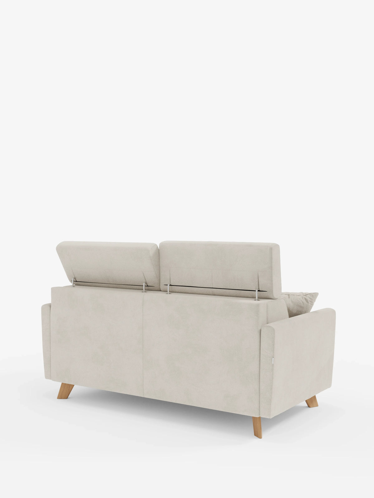 Il divano letto Francy con poggiatesta regolabili di divitt.sbs è raffigurato nella vista posteriore, caratterizzato da un design moderno color beige con gambe in legno. I due schienali sono sollevati per rivelare i poggiatesta regolabili, mentre sul lato destro è visibile un cuscino. Interamente rivestito con l'elegante tessuto T30, resistente alle macchie e con fodere rimovibili al 100%, questo raffinato divano a 2 posti è perfetto per gli spazi contemporanei. In primo piano su uno sfondo bianco.