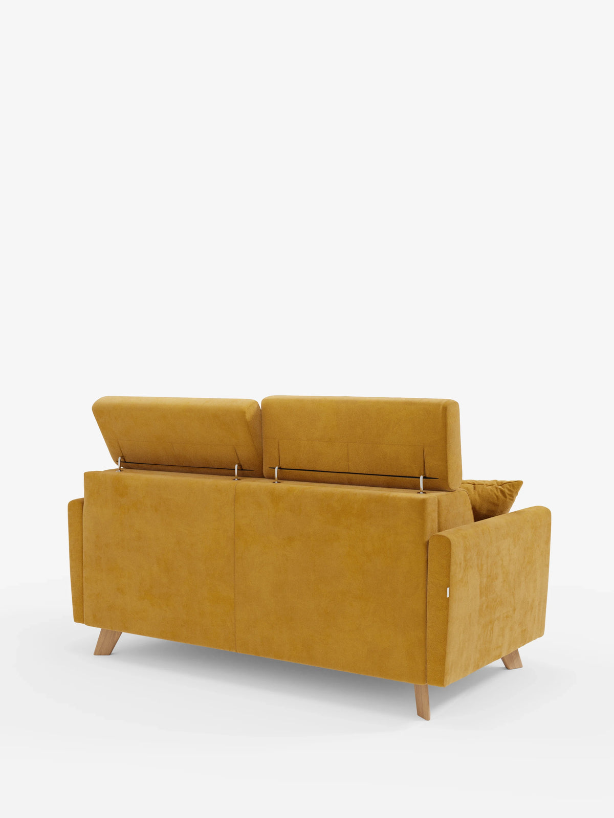 Un divano letto Francy color giallo senape di divitt.sbs è ripreso da dietro, con gambe in legno e poggiatesta rialzati e regolabili. Esempio lampante dello stile moderno, questo divano a 2/3 posti vanta linee pulite, una silhouette squadrata e include un cuscino decorativo coordinato sul lato destro. Rivestito con l'elegante tessuto T30 antimacchia, sfoderabile al 100%, il divano risalta su uno sfondo bianco a tinta unita.