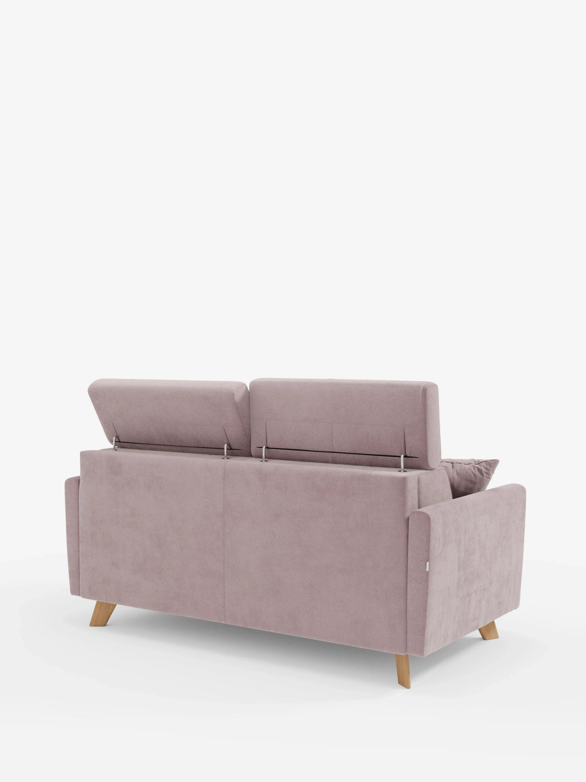 Il divano letto Francy con poggiatesta regolabili di divitt.sbs, rivestito in elegante tessuto T30 resistente alle macchie e dotato di fodere completamente sfoderabili, è raffigurato di retro in un moderno colore malva chiaro. I due poggiatesta regolabili sono sollevati da cerniere metalliche a vista, le gambe in legno sostengono il divano, i braccioli dritti ne incorniciano i lati e un cuscino è appoggiato sulla destra. L’immagine è inquadrata su uno sfondo bianco a tinta unita.