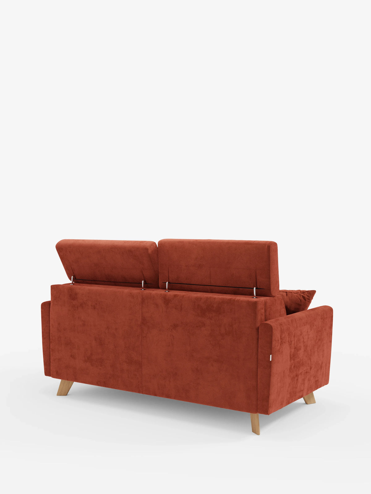 Un divano letto Francy color ruggine con poggiatesta regolabili di divitt.sbs — con rivestimento rimovibile al 100% e rifinito con l’elegante tessuto T30 resistente alle macchie — viene presentato di retro come un moderno divano a tre posti. Entrambi i poggiatesta regolabili sono sollevati e un cuscino decorativo coordinato è appoggiato sul bracciolo sinistro. Le gambe angolate in legno completano il look su uno sfondo bianco a tinta unita.