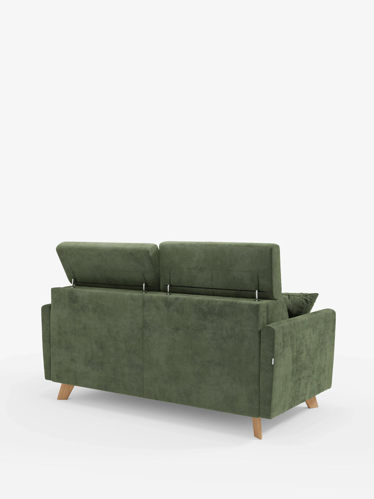Un divano letto Francy verde con poggiatesta regolabili di divitt.sbs, interamente rivestito in elegante tessuto T30 resistente alle macchie e dotato di due poggiatesta regolabili e gambe angolate in legno, è raffigurato di retro su uno sfondo bianco a tinta unita. I suoi cuscini e il design lineare ne esaltano il fascino moderno.