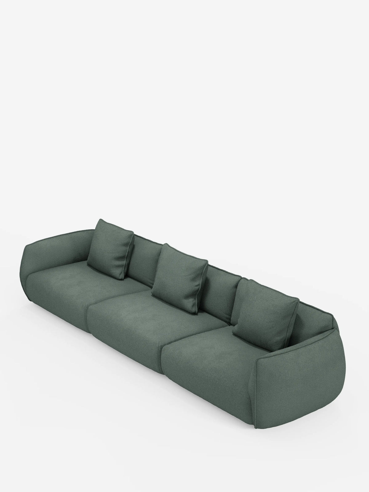Un divano modulare Nimbus, spazioso, contemporaneo ed ecologico, a 3 posti, realizzabile in morbido tessuto smacchiabile effetto cotone T33 di divitt.sbs, dotato di quattro cuscini di seduta, quattro cuscini dello schienale abbinati, angoli arrotondati e un design dal profilo basso, è esposto su uno sfondo bianco a tinta unita.