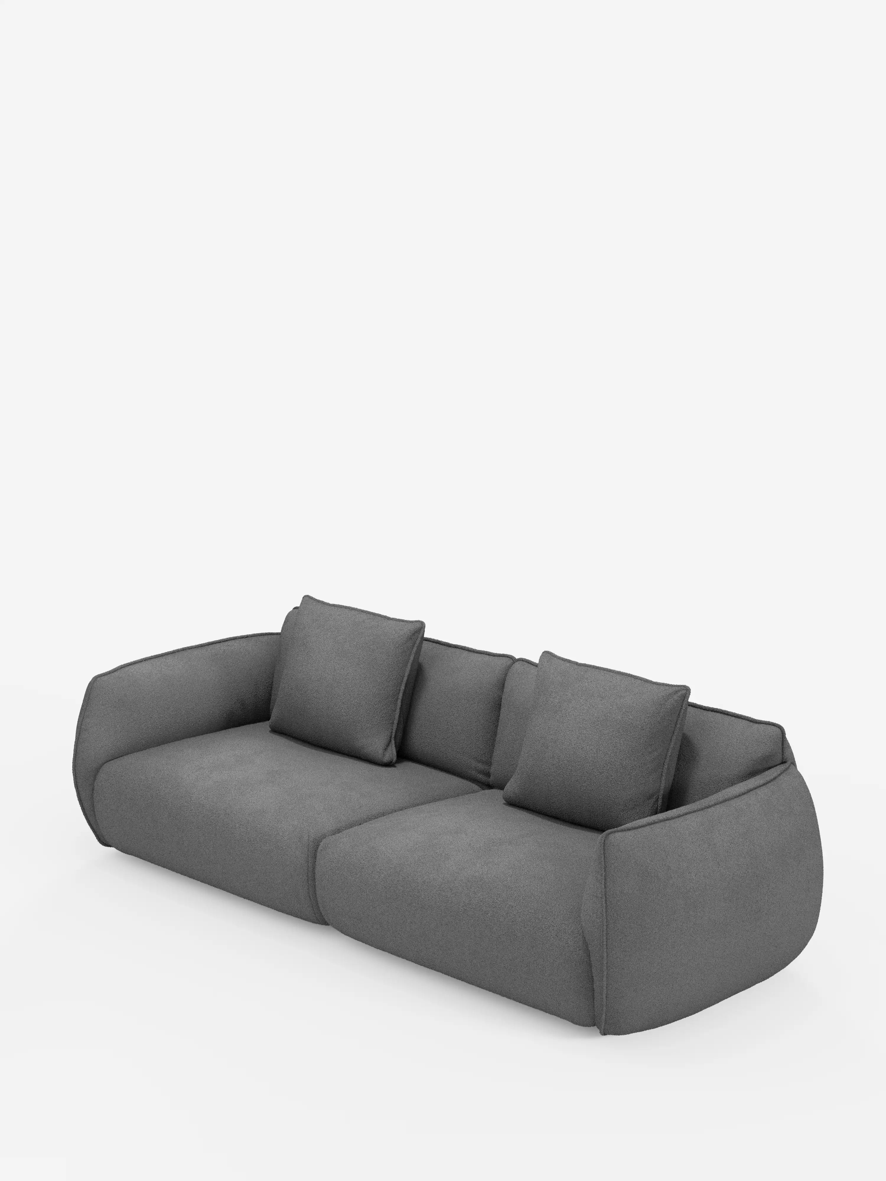Un divano modulare e componibile Nimbus a 3 posti dal design moderno e dal profilo basso, realizzato da divitt.sbs, lungo 250 cm e rivestito in tessuto T33 effetto cotone, grigio scuro e resistente alle macchie. Presenta bordi morbidi e arrotondati, ampi braccioli, due spaziosi vani di seduta e tre cuscini schienali quadrati abbinati con rivestimento soffice e liscio. Il divano è raffigurato su uno sfondo bianco a tinta unita.