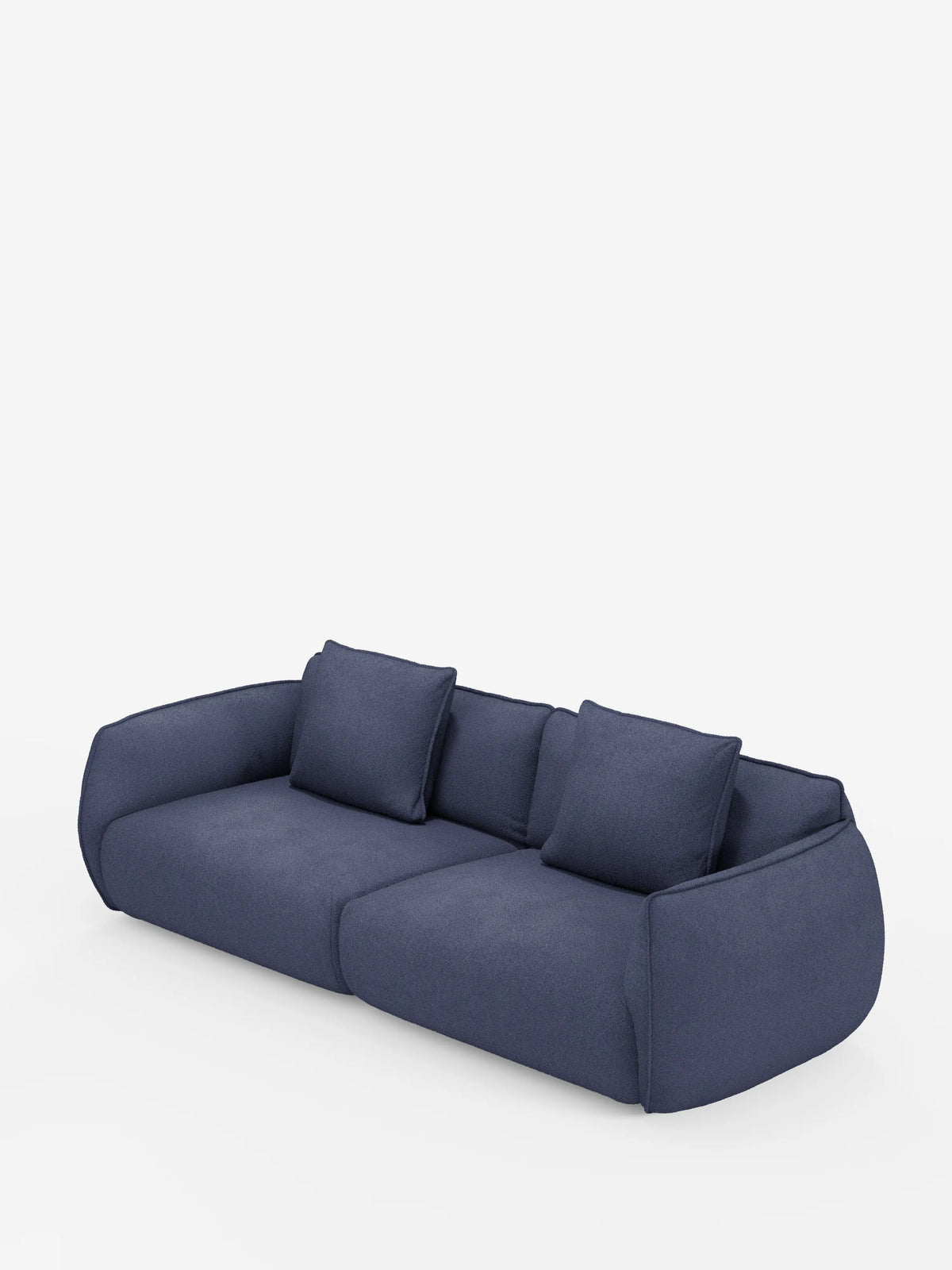 Un moderno divano modulare e componibile Nimbus a 3 posti da 250 cm, colore blu scuro, di divitt.sbs, rivestito in tessuto sfoderabile e antimacchia effetto cotone (T33), caratterizzato da un profilo basso, ampi braccioli, bordi arrotondati e quattro cuscini quadrati abbinati. Il design minimalista appare lussuoso e si staglia su uno sfondo bianco a tinta unita.