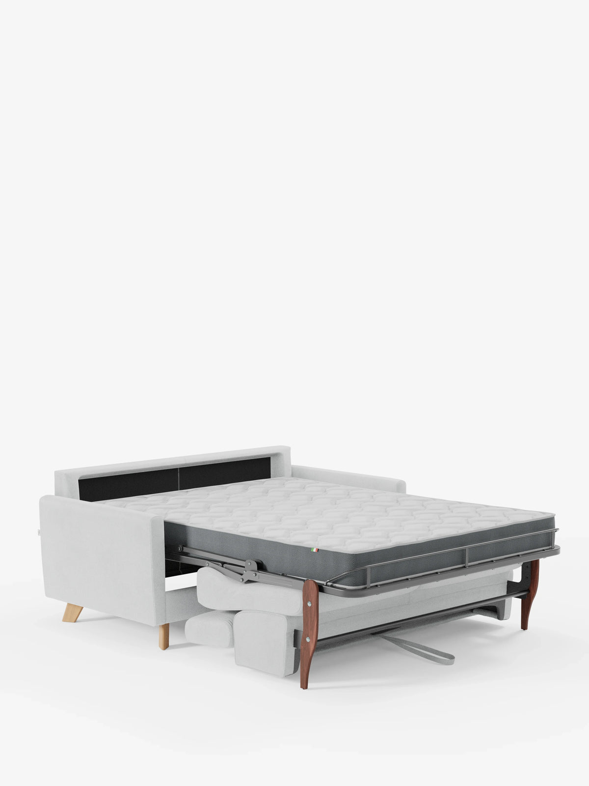 Un divano letto Francy grigio chiaro con poggiatesta regolabili di divitt.sbs, rivestito al 100% con tessuto T30 elegante e resistente alle macchie, è dotato di un materasso queen size estraibile, gambe anteriori in legno e uno schienale nero che gli conferiscono un look moderno. Il materasso a vista presenta robuste barre di sostegno e una struttura ripiegabile nella parte inferiore. Ideale sia come divano a 2 che a 3 posti, risalta sullo sfondo bianco liscio.
