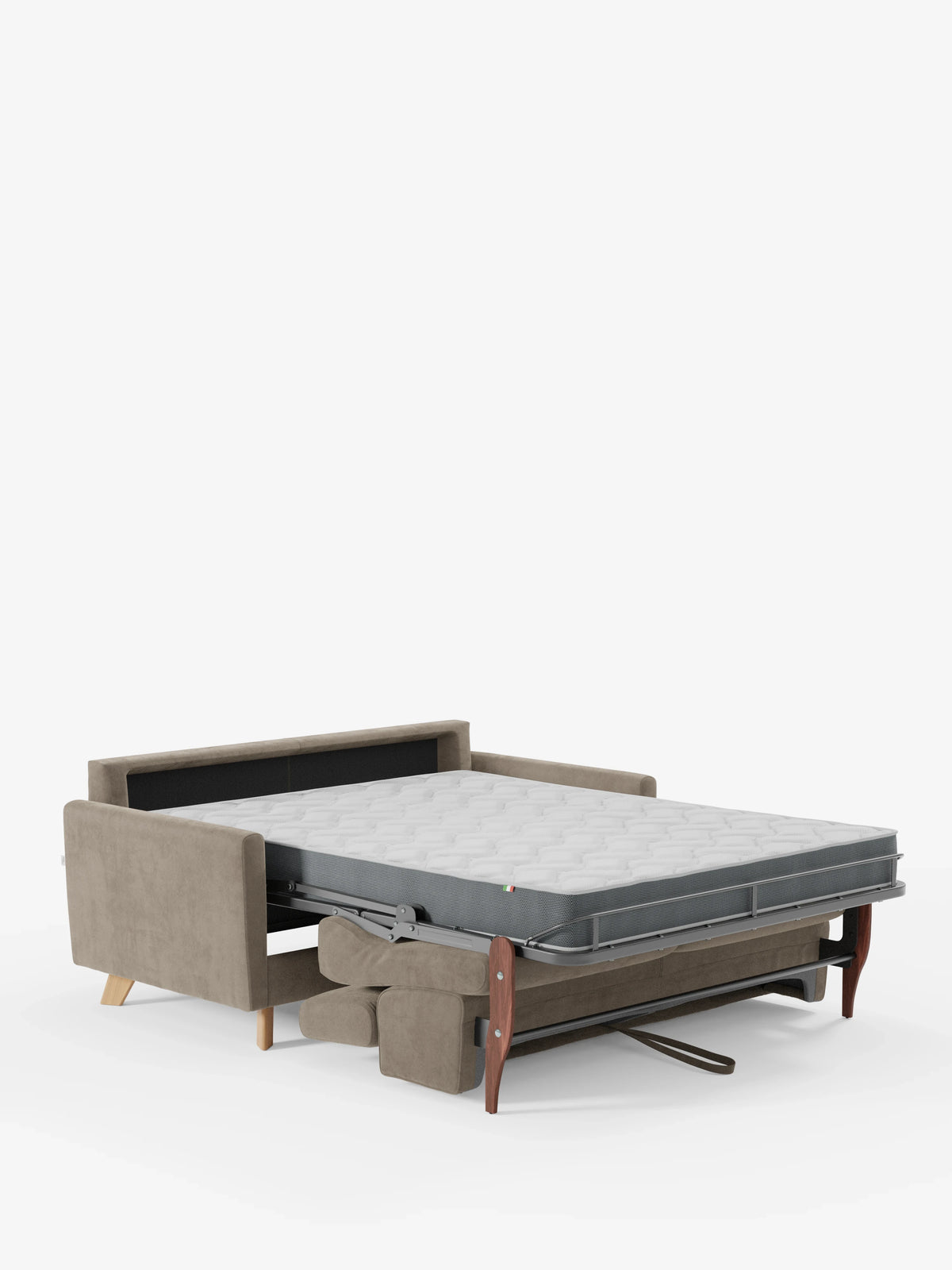 Un divano letto Francy color marrone chiaro con poggiatesta regolabili di divitt.sbs è esposto completamente aperto, mostrando un materasso grigio e una robusta struttura di supporto in metallo. Caratterizzato da schienale e braccioli dal design semplice e moderno, questo divano con rivestimento rimovibile al 100% è rivestito in elegante tessuto T30, facile da pulire. Su uno sfondo bianco a tinta unita, si presenta come un divano a 2 posti di grande stile, ideale per qualsiasi ambiente contemporaneo.