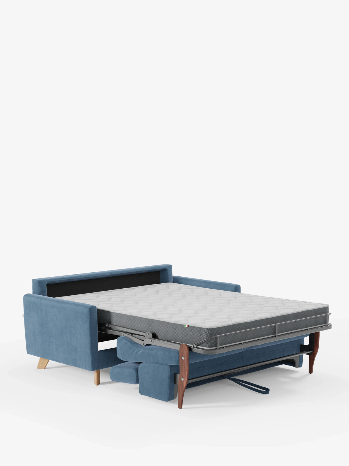 Il divano letto Francy con poggiatesta regolabili di divitt.sbs è presentato completamente aperto, con un elegante rivestimento blu in tessuto smacchiabile T30, gambe in legno, un materasso spesso di colore grigio chiaro e una barra di sostegno ripiegata nella parte inferiore, il tutto su uno sfondo bianco a tinta unita.