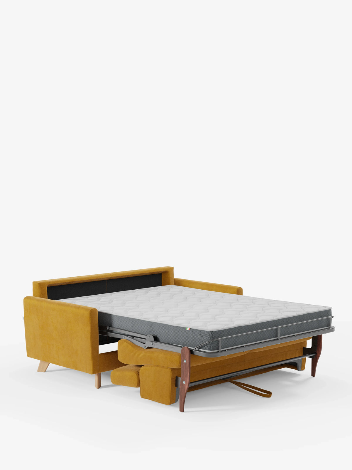 Un divano letto Francy con poggiatesta regolabili di divitt.sbs, rivestito con l’elegante tessuto T30 resistente alle macchie e dotato di fodere completamente sfoderabili, è qui raffigurato nella versione estesa a letto. Il divano color giallo senape presenta gambe in legno, un materasso grigio a vista e un cuscino coordinato ai piedi del divano. Sullo sfondo bianco a tinta unita, risalta il design moderno di questo divano letto.