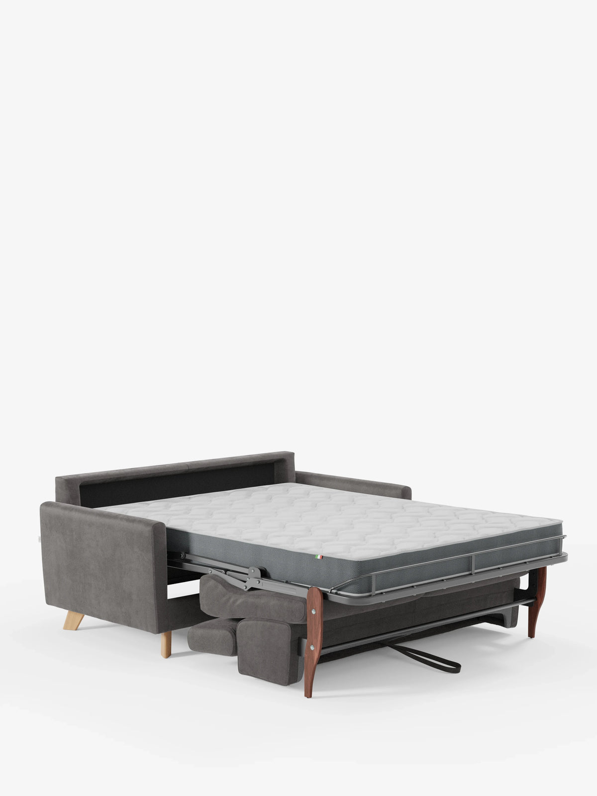Un divano letto Francy con poggiatesta regolabili di divitt.sbs, rivestito in elegante tessuto T30 resistente alle macchie e dotato di fodere completamente sfoderabili, è raffigurato completamente aperto, con il materasso spesso e trapuntato e la struttura di supporto in legno ben visibili. Un pouf grigio abbinato è posizionato ai piedi del letto aperto. Lo sfondo è bianco.