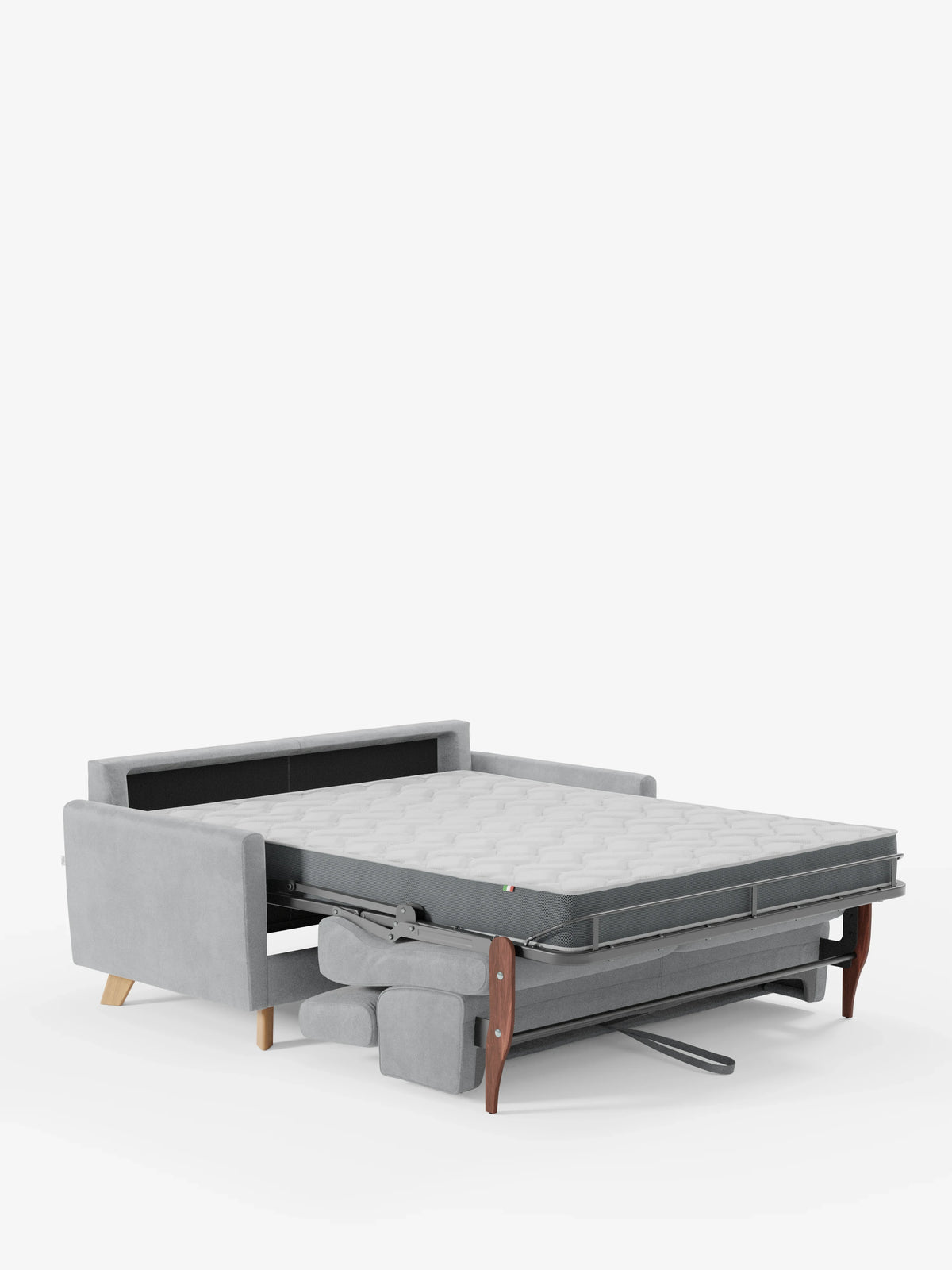 Il divano letto Francy con poggiatesta regolabili di divitt.sbs è qui presentato con il letto completamente aperto. Il materasso trapuntato grigio chiaro si abbina perfettamente al design moderno del divano, caratterizzato da gambe in legno, braccioli squadrati e un caratteristico schienale nero. Un cuscino grigio ripiegato è posizionato sotto il letto aperto per una maggiore versatilità. Interamente sfoderabile al 100% e rivestito con l’elegante tessuto T30 resistente alle macchie, questo modello si
