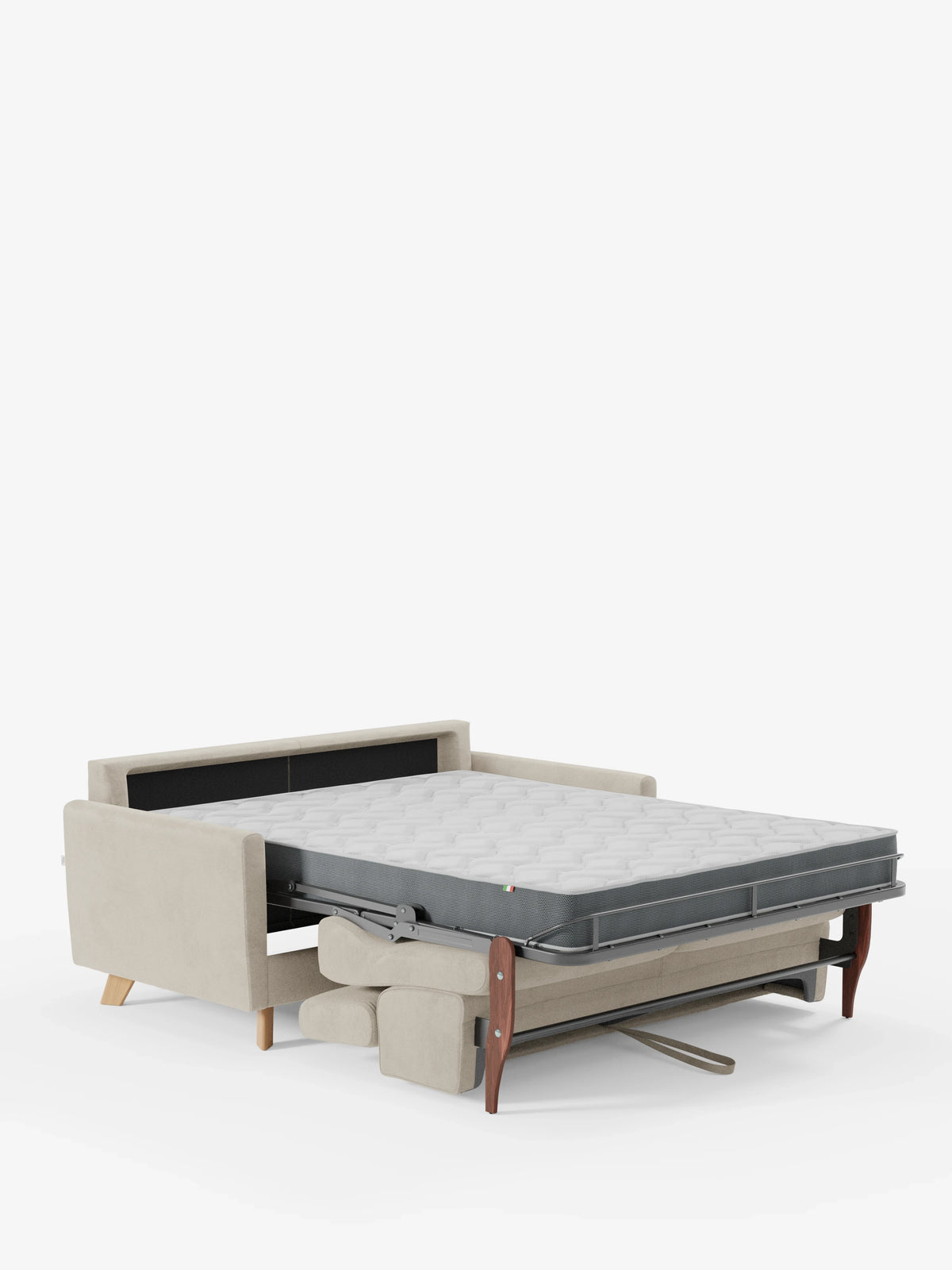 Il divano letto Francy con poggiatesta regolabili di divitt.sbs è raffigurato completamente aperto, con un materasso grigio di notevole spessore, gambe in legno e un elegante rivestimento in tessuto T30 beige, 100% sfoderabile e resistente alle macchie. Lo schienale e i braccioli sono chiaramente visibili su questo divano a 2 posti, in primo piano su uno sfondo bianco a tinta unita.