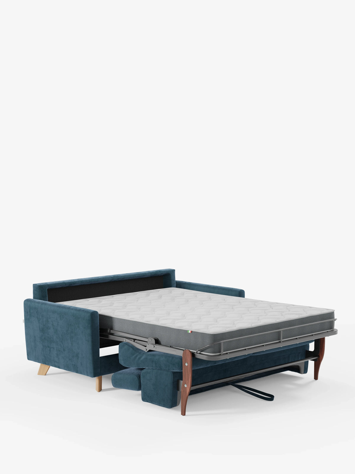 Il divano letto Francy con poggiatesta regolabili di divitt.sbs è raffigurato completamente aperto, con una struttura estraibile dotata di un materasso spesso di colore grigio chiaro. Rivestito con l’elegante tessuto T30 antimacchia in blu verde acqua, questo divano con rivestimento sfoderabile al 100% vanta linee moderne e pulite e gambe in legno, con un piede di sostegno visibile sotto il materasso.