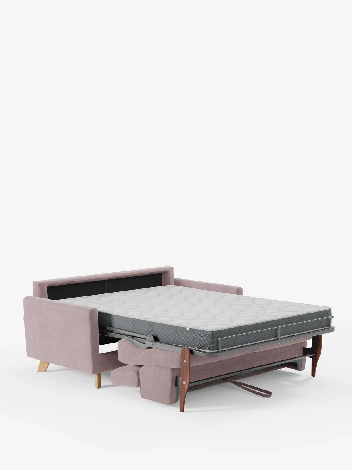 Il divano letto Francy con poggiatesta regolabili di divitt.sbs è raffigurato aperto in modalità letto, mostrando il suo materasso grigio e spesso. Questo divano moderno presenta gambe e braccioli in legno, un design pulito e minimalista ed è rivestito con un elegante tessuto T30 resistente alle macchie, completamente sfoderabile. La scena è ambientata su uno sfondo bianco a tinta unita.