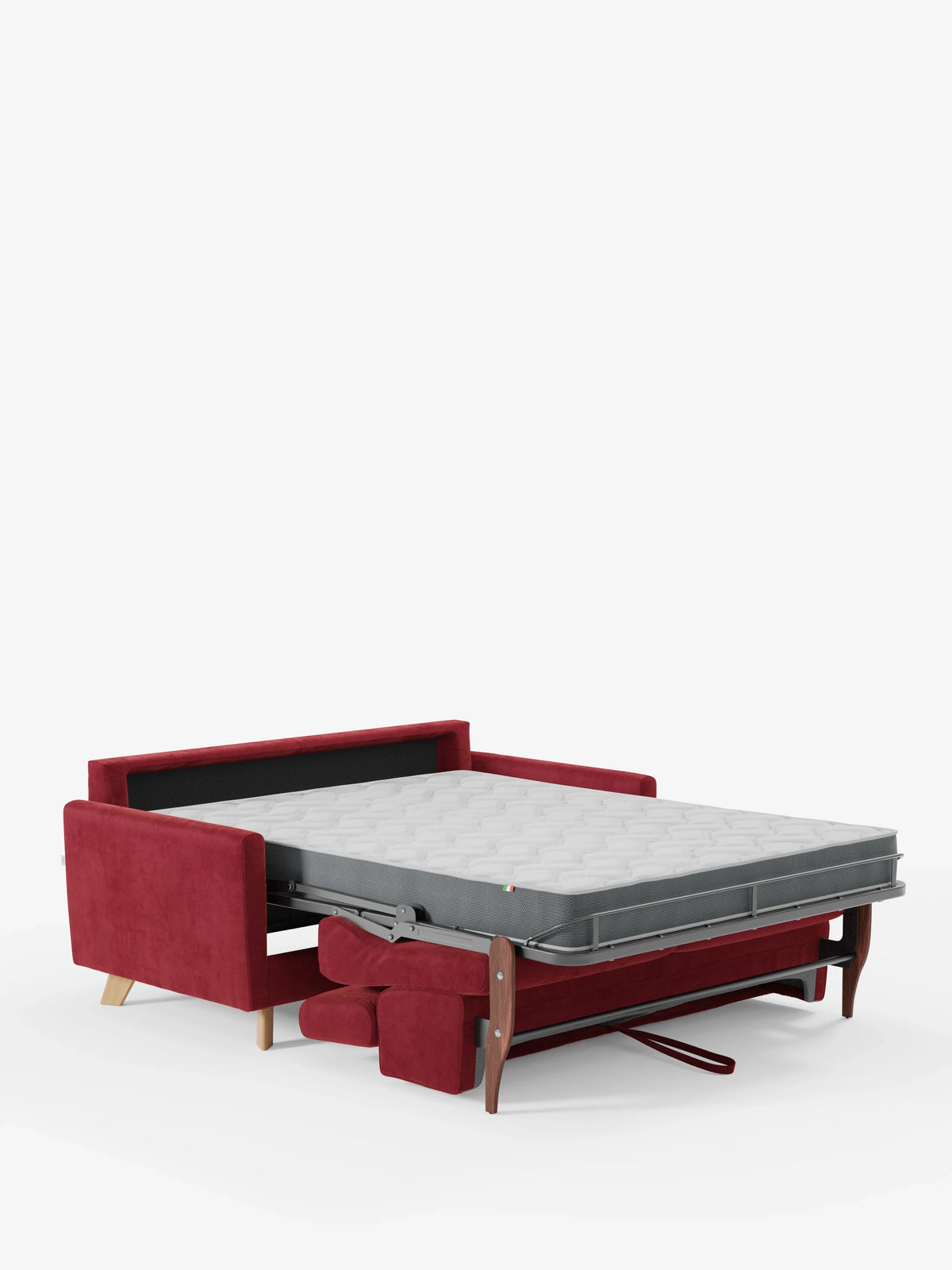 Il divano letto Francy con poggiatesta regolabili di divitt.sbs è presentato nella versione aperta a letto, con un materasso grigio chiaro che sporge verso l’esterno. Realizzato con gambe e braccioli in legno, questo divano, sfoderabile al 100%, è rivestito in elegante tessuto T30 resistente alle macchie. Lo sfondo bianco a tinta unita mette in risalto il design e la funzionalità del mobile.