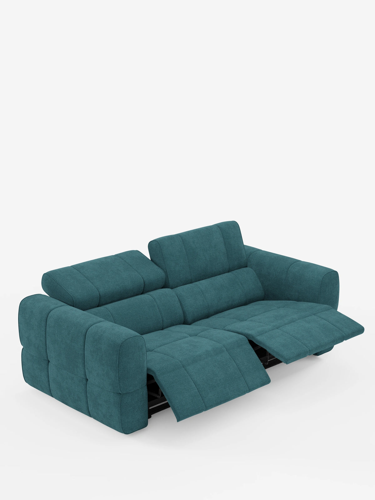 Divano modulare Giotto a 3 posti, con poggiatesta reclinabili e funzione relax elettrica opzionale, rivestito in tessuto smacchiabile T23 color verde acqua, caratterizzato da un design squadrato a segmenti, cuciture a vista, un poggiatesta rialzato e un poggiapiedi allungato.