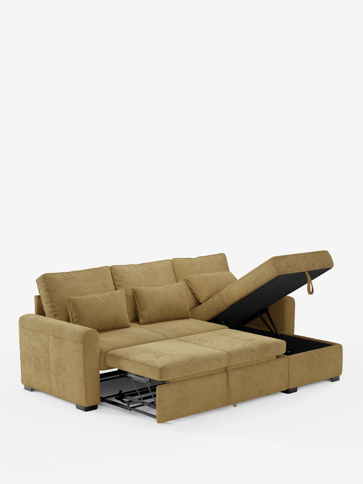 Un divano letto Ottaviano con letto estraibile - penisola reversibile e contenitore in tessuto materico smacchiabile color marrone chiaro su sfondo bianco, dotato di un letto estraibile allungato e di una chaise longue rialzata con contenitore.