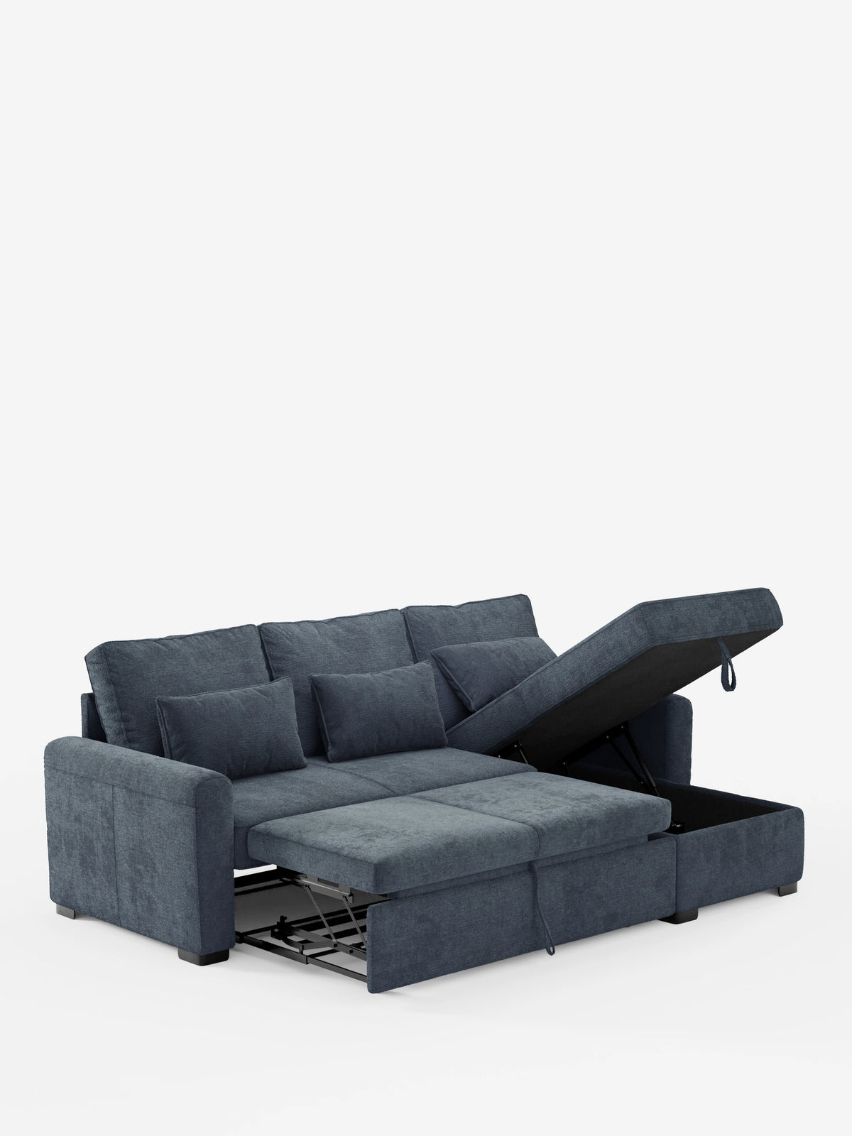 Un divano letto Ottaviano grigio scuro con letto estraibile, penisola reversibile e contenitore in tessuto materico smacchiabile. Questo divano dalla trama particolare è dotato di tre cuscini dello schienale, due cuscini decorativi e piedini a blocco scuri.