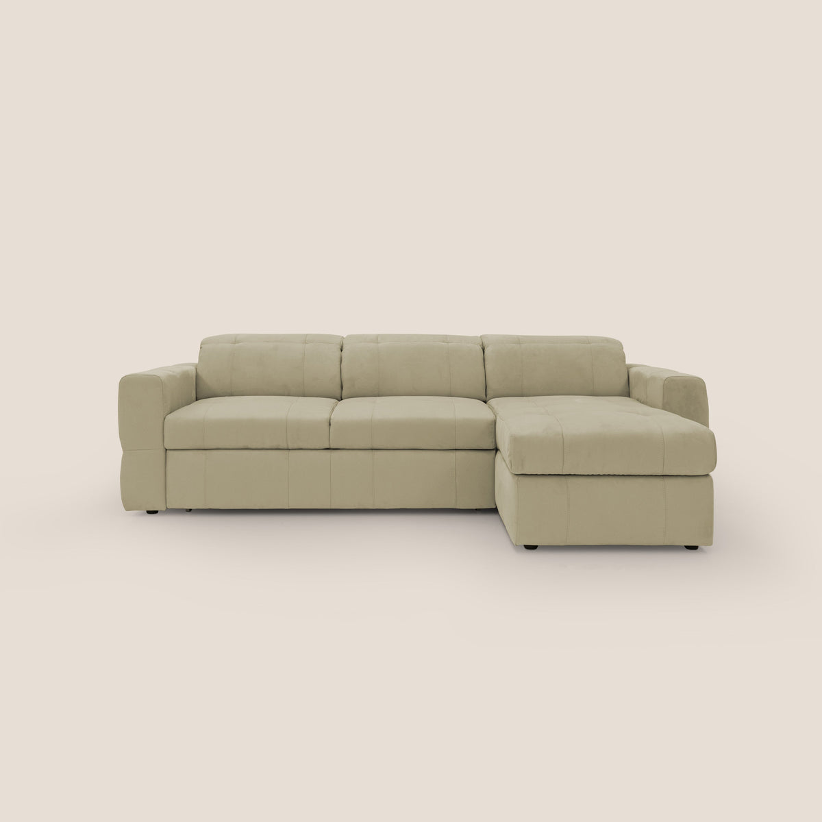 Kronos Divano angolare con pouf estraibile e penisola contenitore in microfibra impermeabile T11 beige - divitt.sbs