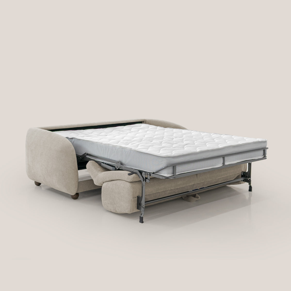 Giglio divano letto scandinavo japandi con materasso H18 cm in tessuto Bouclé impermeabile T07 beige - divitt.sbs
