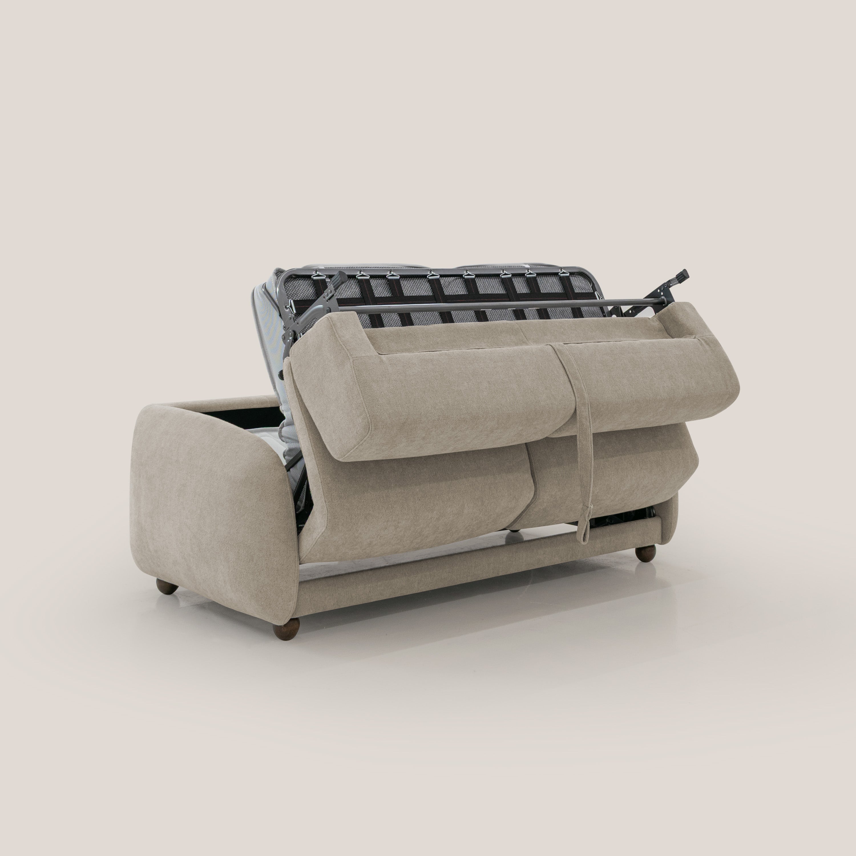 Giglio divano letto scandinavo japandi con materasso H18 cm in tessuto Bouclé impermeabile T07 beige - divitt.sbs