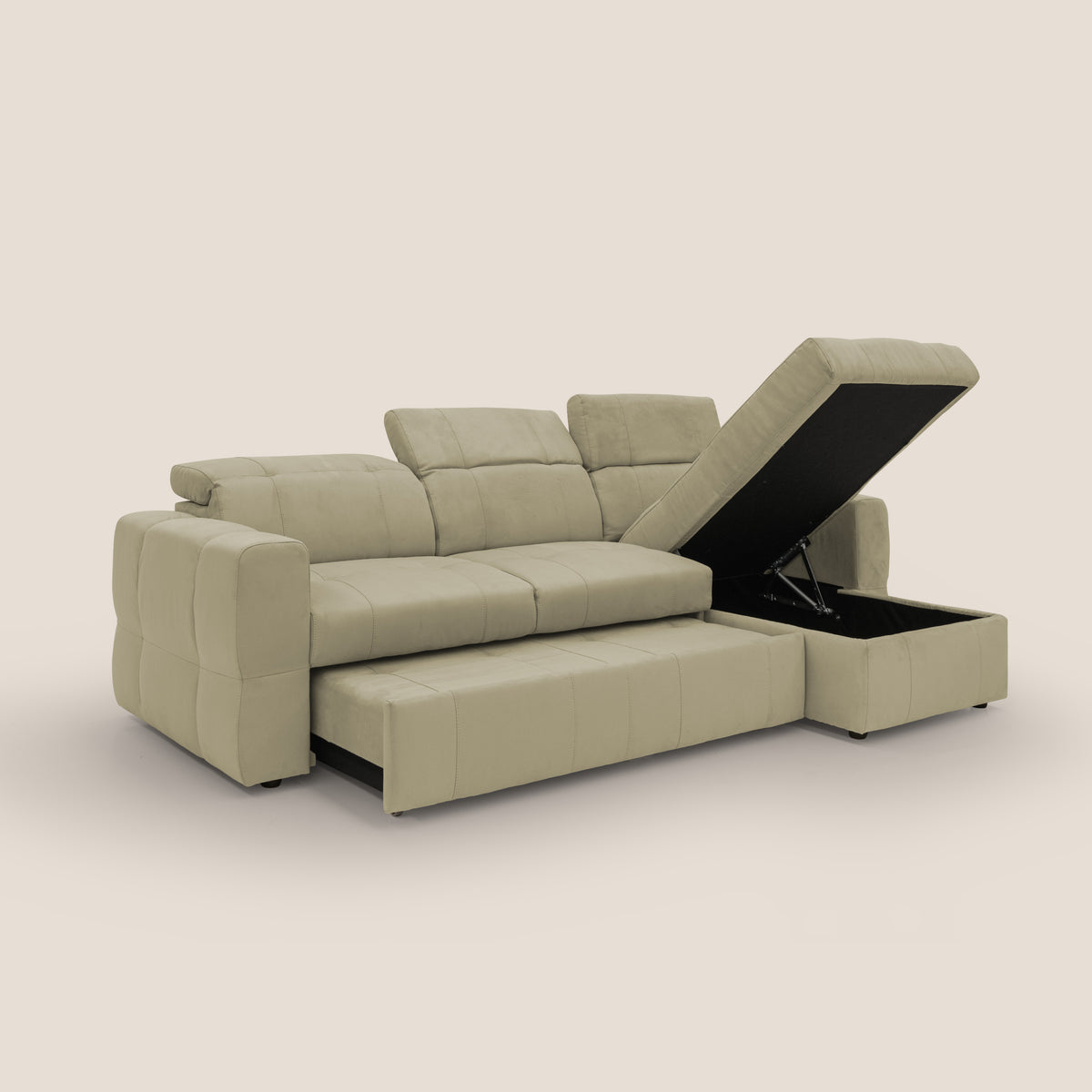 Kronos Divano angolare con pouf estraibile e penisola contenitore in microfibra impermeabile T11 beige - divitt.sbs