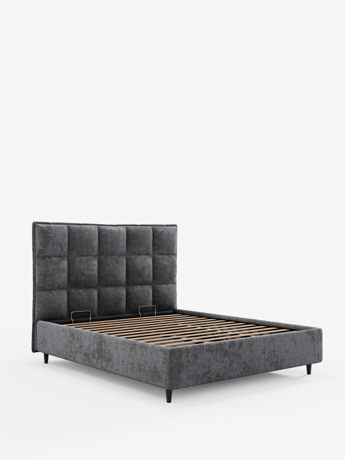 Un letto imbottito AURO grigio con contenitore e testiera alta capitonné in ciniglia Oeko-Tex®, caratterizzato da una testiera alta capitonné con motivo a quadrati, una base a doghe in legno a vista e gambe affusolate scure.