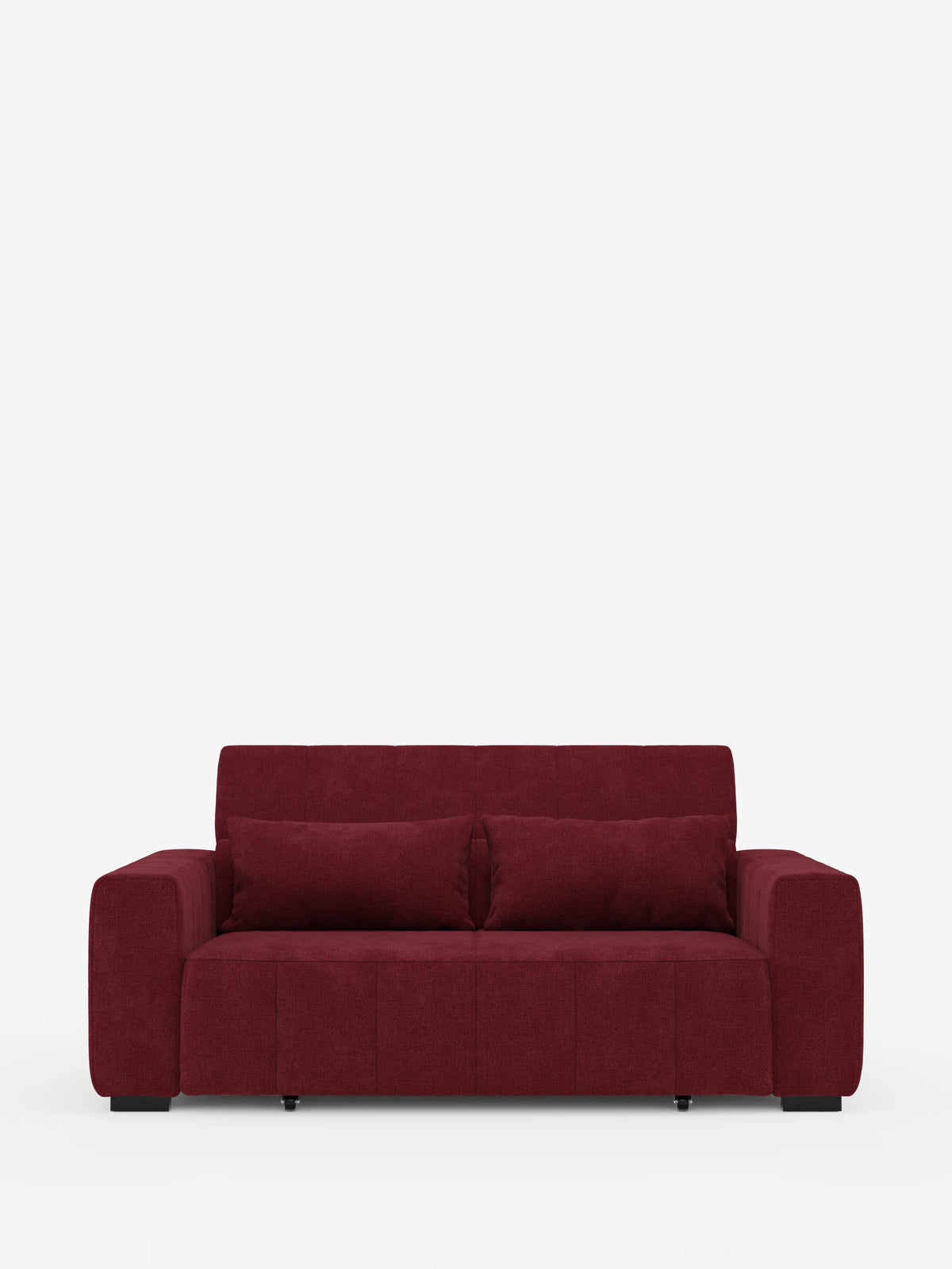 Un divano a tre posti in stile dorico contemporaneo color bordeaux di divitt.sbs, caratterizzato da ampi braccioli, due cuscini dello schienale abbinati e un’estetica minimalista, con sedute estensibili grazie alla funzione di relax elettrica e poggiatesta regolabili in tessuto T23 antimacchia, il tutto su uno sfondo bianco a tinta unita.