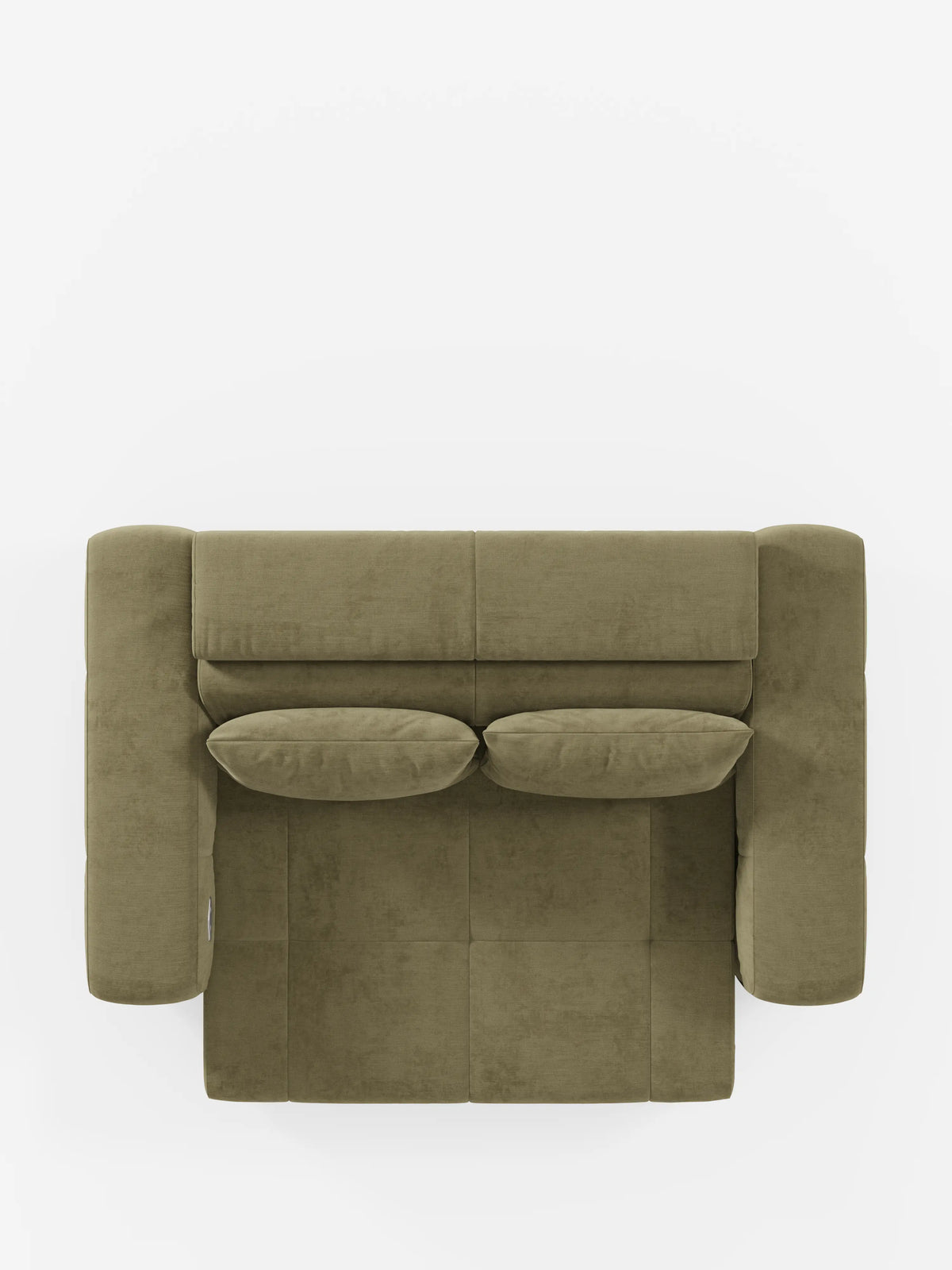 Una vista dall'alto del divano Monarch con funzione relax elettrica per l'allungamento delle sedute e poggiatesta reclinabile di divitt.sbs, rivestito in verde oliva, con due cuscini abbinati. Questo divano contemporaneo, realizzato in tessuto T31 morbido e resistente alle macchie, presenta ampi braccioli e un design elegante e moderno su uno sfondo bianco a tinta unita.