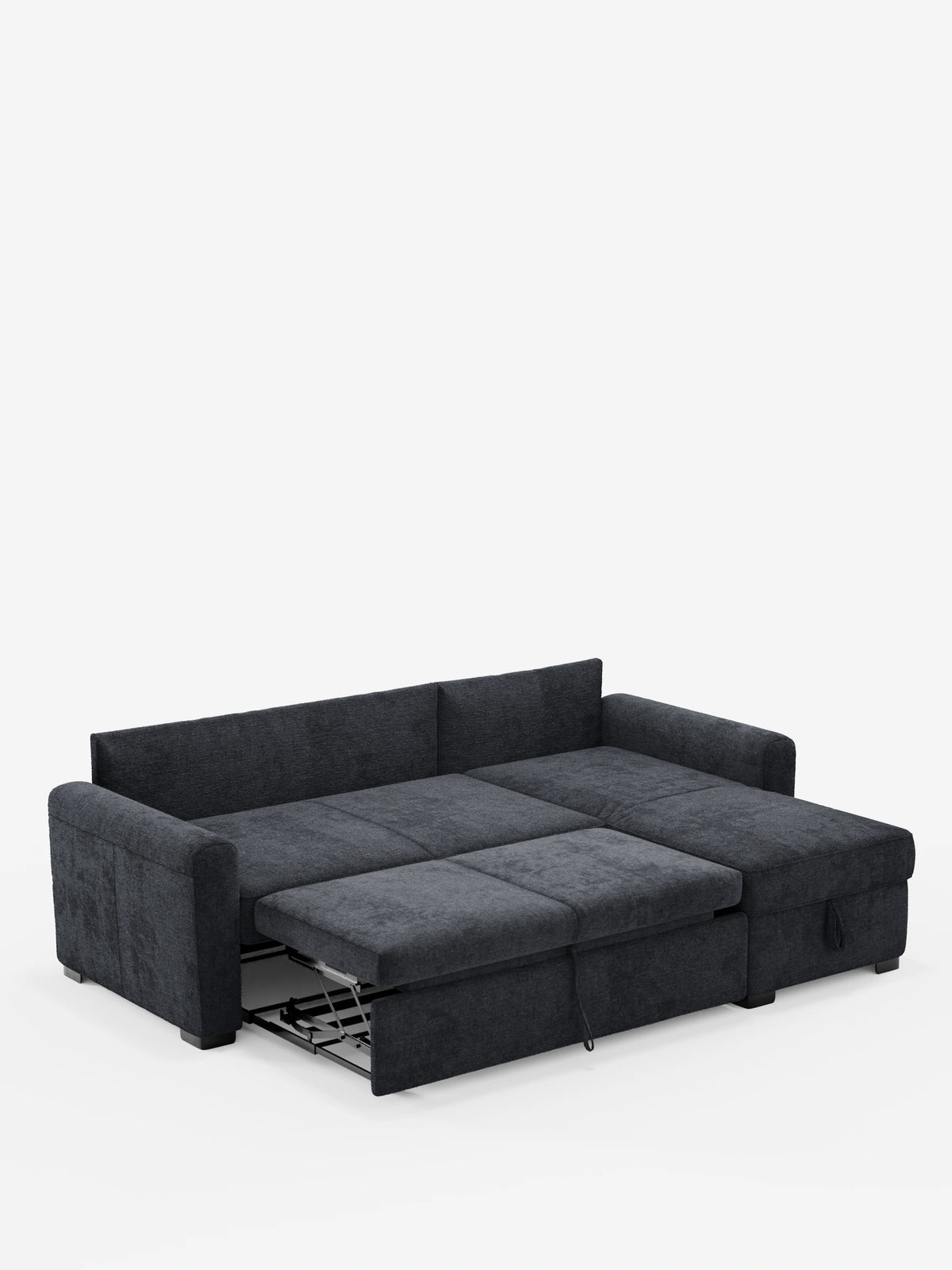 Un divano letto Ottaviano grigio antracite con estrazione - penisola reversibile e contenitore in tessuto materico smacchiabile, dotato di estrazione e chaise longue laterale, con rivestimento in tessuto materico su fondo bianco a tinta unita.