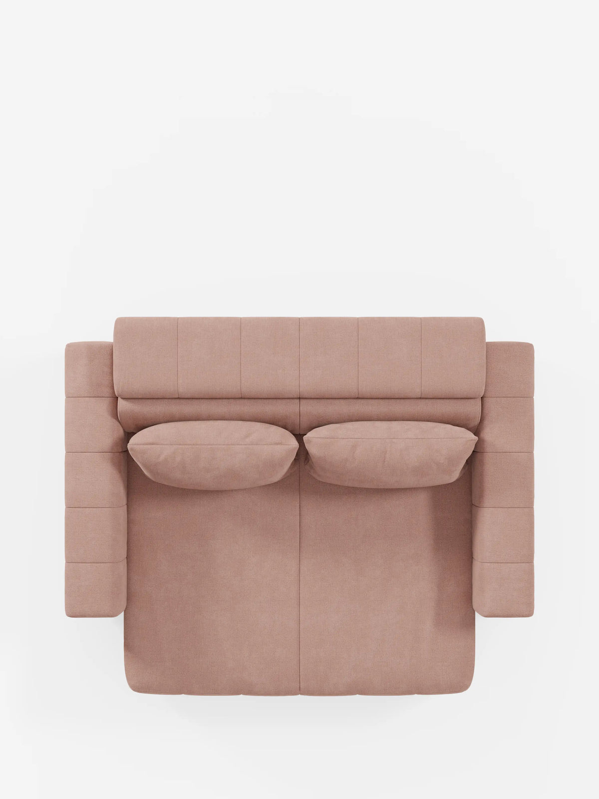 Vista dall'alto del divano dorico a 3 posti con sedute allungabili tramite meccanismo relax elettrico - poggiatesta reclinabile in tessuto smacchiabile T23 di divitt.sbs, caratterizzato da un design moderno in tessuto marrone chiaro con due cuscini di seduta, due cuscini dello schienale abbinati e braccioli imbottiti di forma quadrata. Questo divano sfoderabile è messo in risalto su uno sfondo bianco a tinta unita.