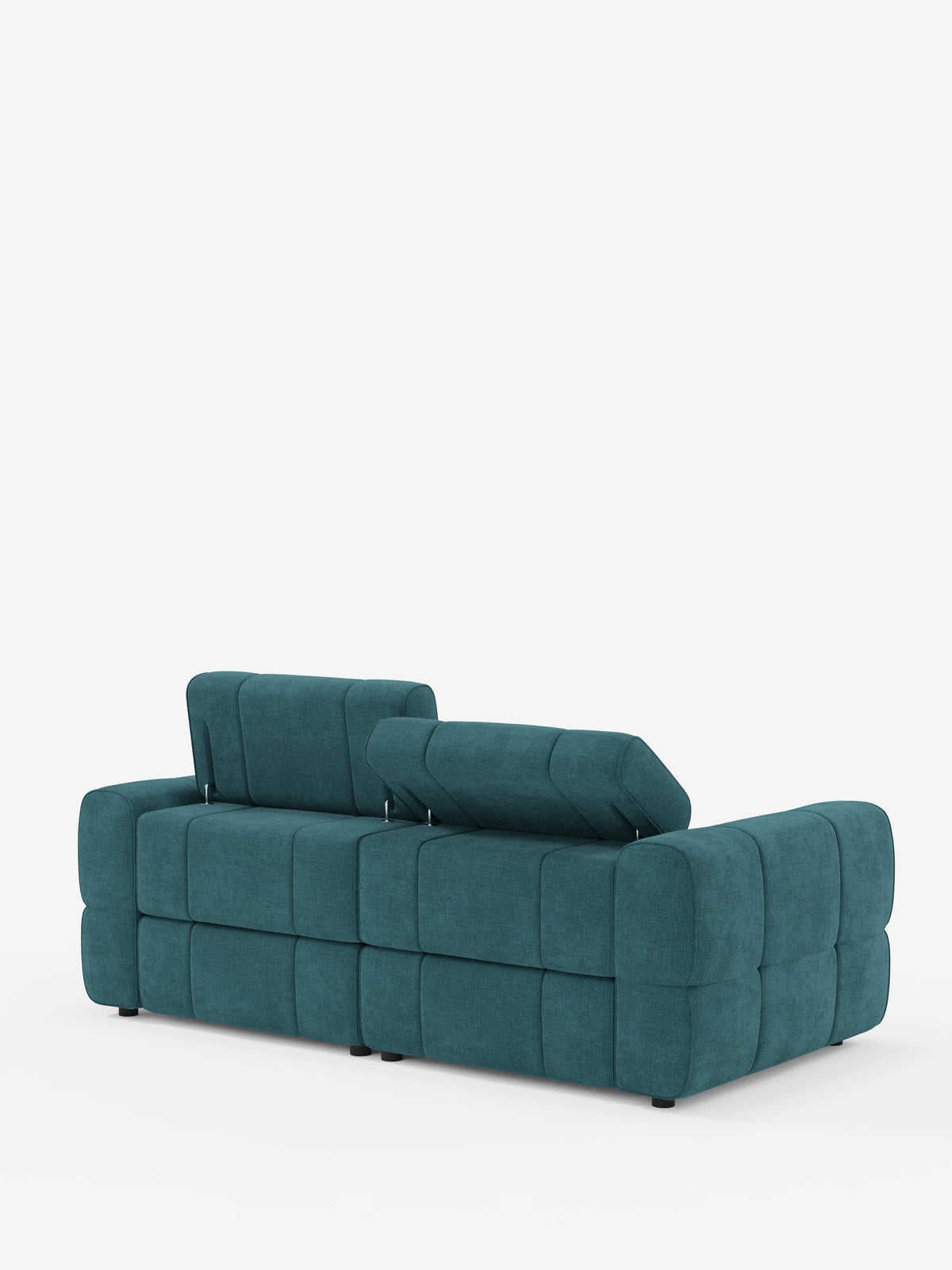 Vista posteriore di un divano modulare Giotto a 3 posti color verde acqua, con poggiatesta reclinabili e funzione relax elettrica opzionale, rivestito in tessuto smacchiabile T23, caratterizzato da un motivo a griglia e da due poggiatesta regolabili su sfondo bianco.