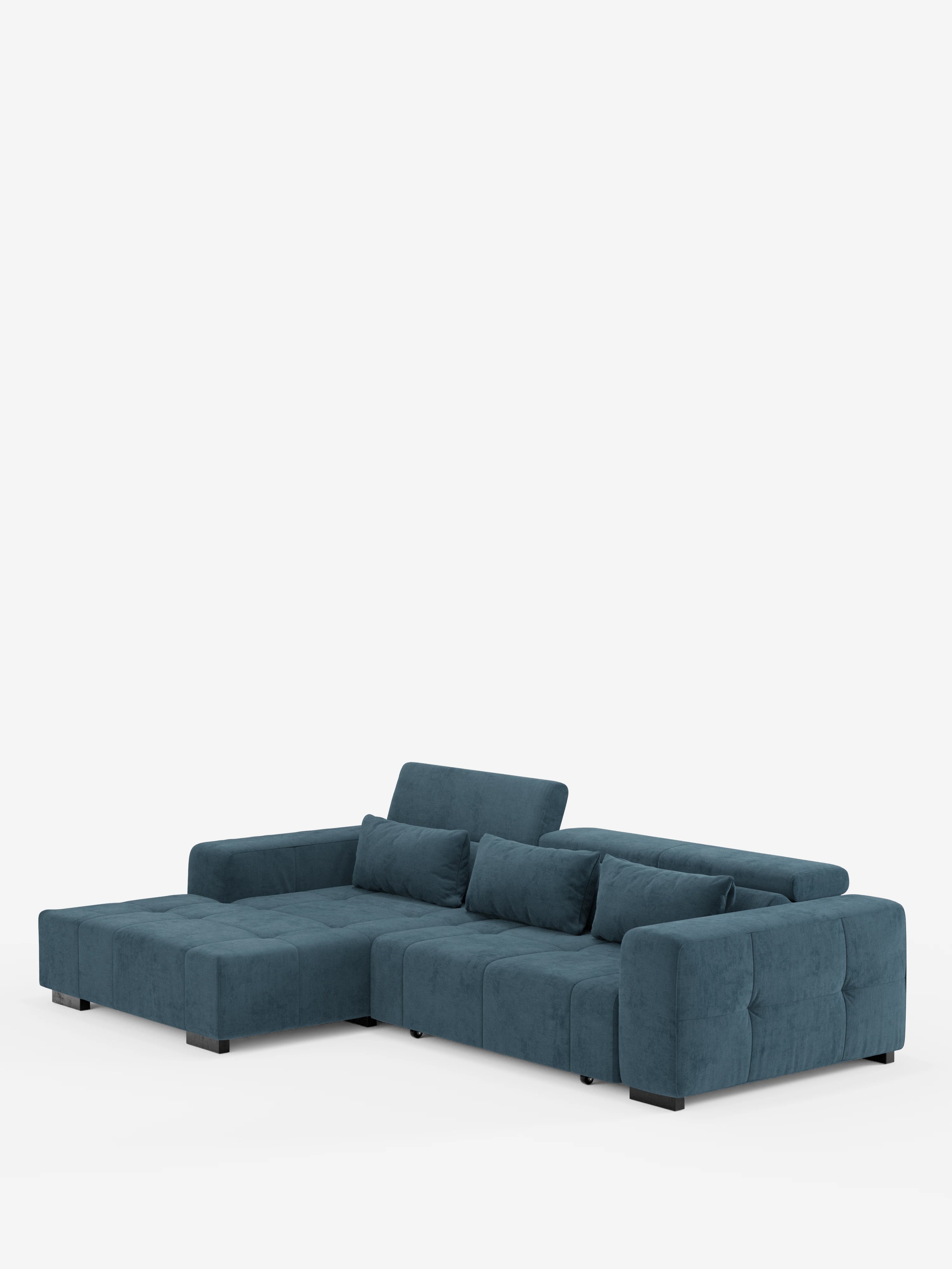 Vi presentiamo il “Monarch Divano angolare con penisola e Relax Elettrico per l’allungamento delle sedute” di divitt.sbs: un divano componibile contemporaneo in tessuto blu verde acqua. Questo elegante modello presenta tre ampie sezioni di seduta, quattro cuscini dello schienale coordinati, ampi braccioli squadrati, poggiatesta regolabili e piccole gambe nere. Realizzato in morbido tessuto T31 resistente alle macchie, è ritratto in una fotografia su sfondo bianco.