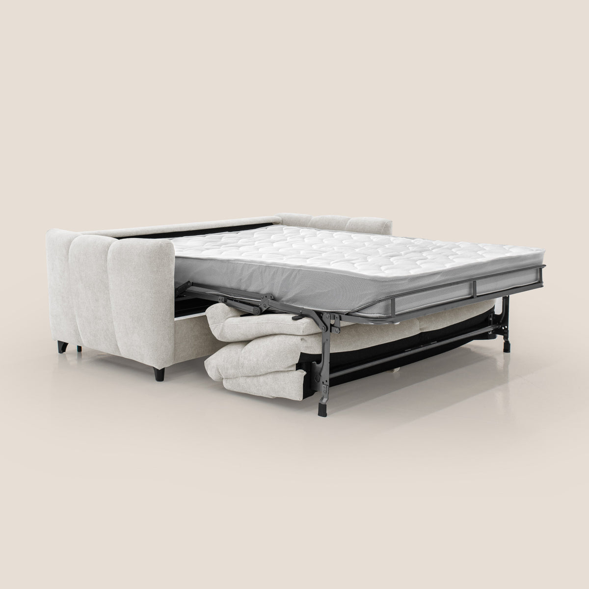 Peonia divano letto scandinavo con materasso H18 cm e morbido e alto schienale in tessuto Bouclé impermeabile T07 bianco - divitt.sbs