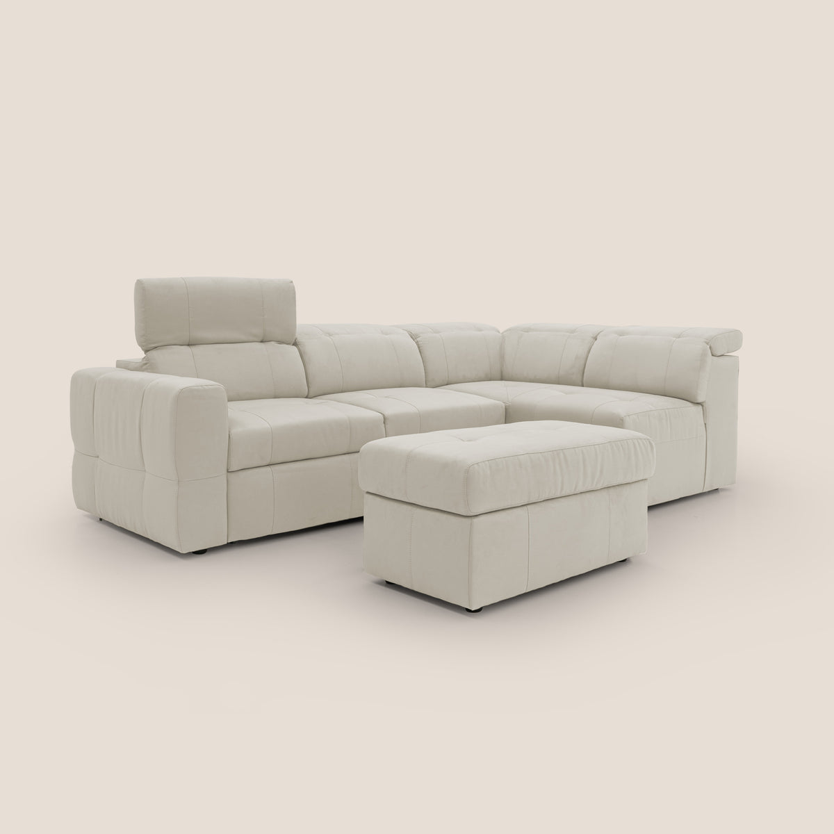 Kronos Divano angolare con poggiapiedi estraibile e pouf contenitore mobile in microfibra impermeabile T11 panna - divitt.sbs