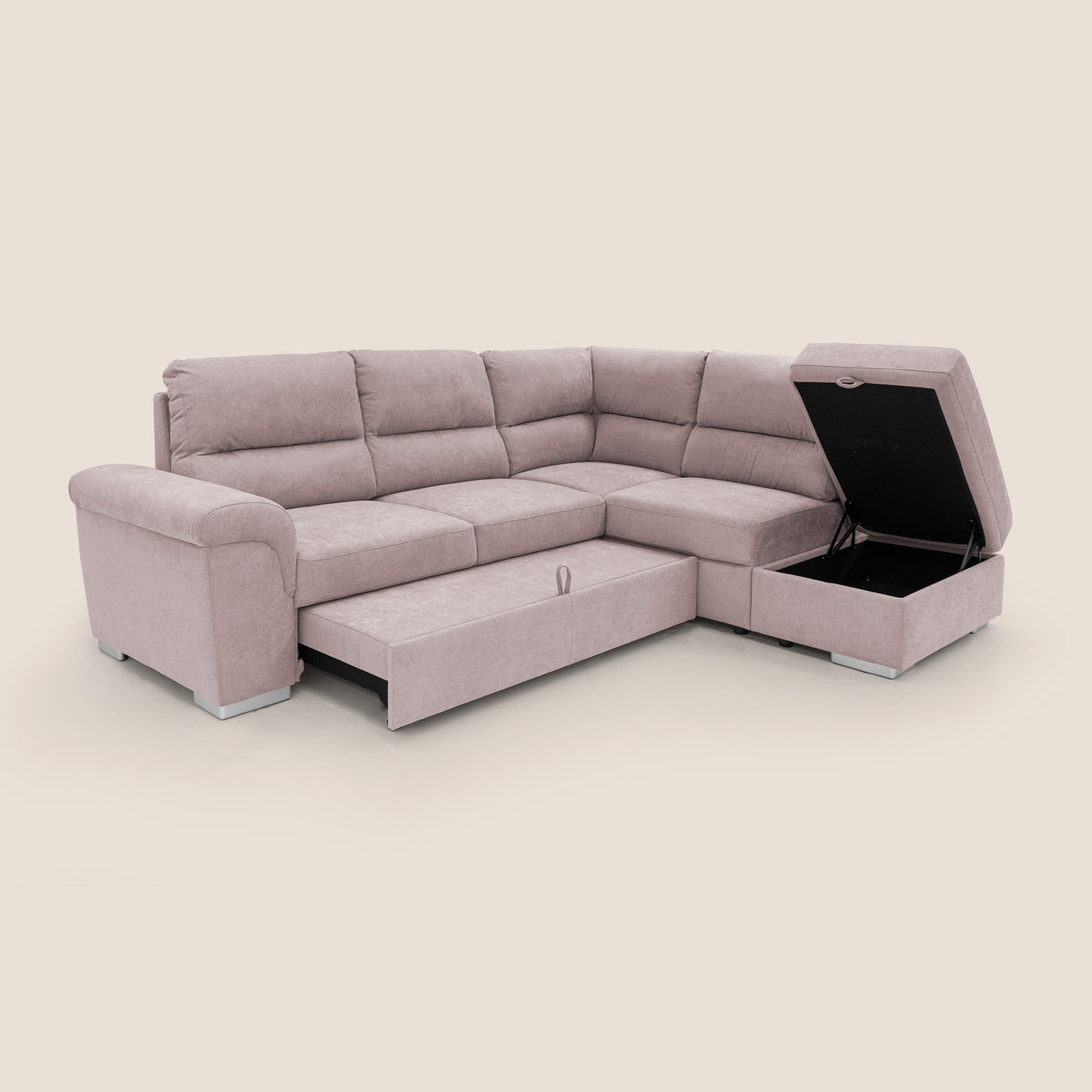Minerva divano angolare con estraibile a cassettone e pouf contenitore in tessuto morbido impermeabile T02 rosa - divitt.sbs