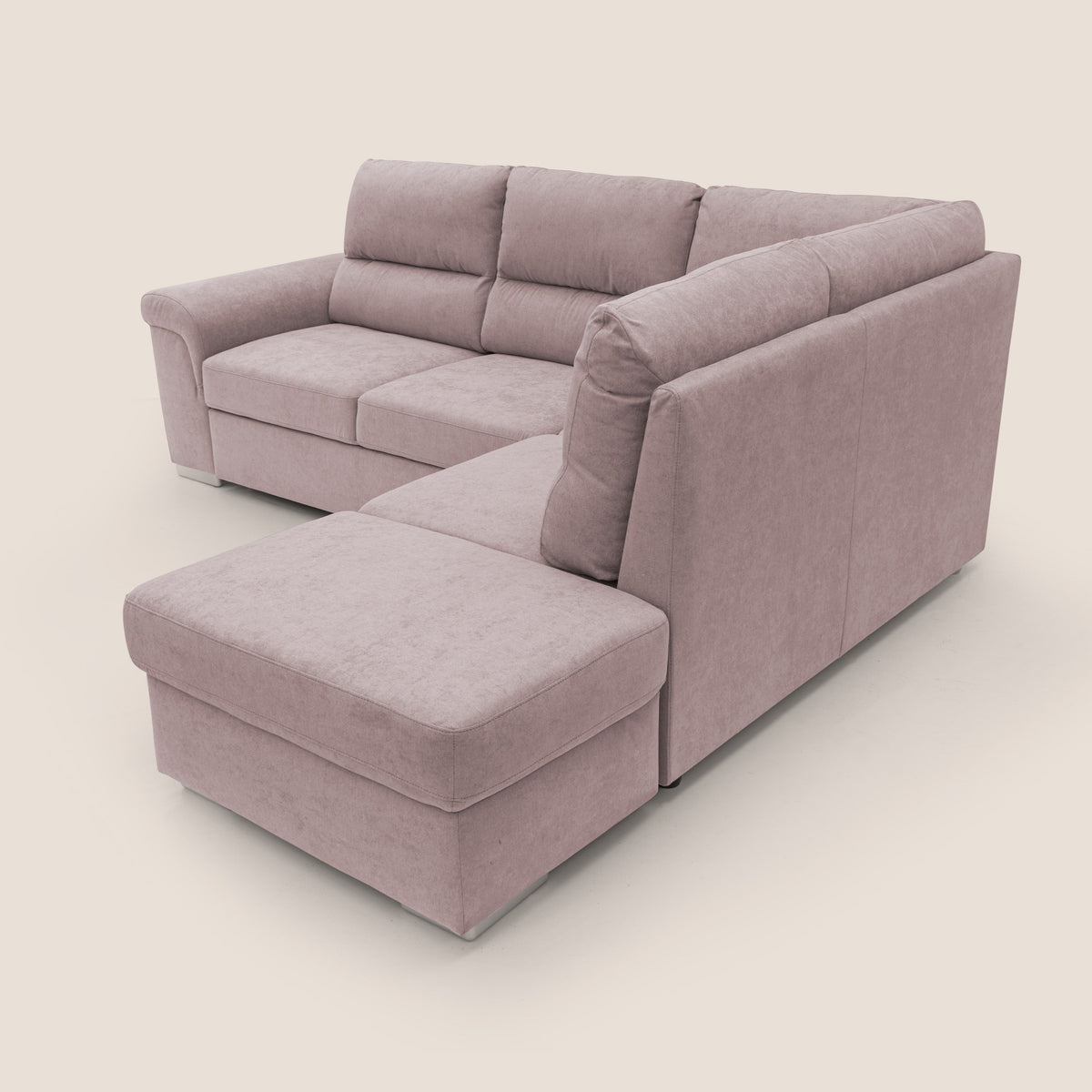 Minerva divano angolare con estraibile a cassettone e pouf contenitore in tessuto morbido impermeabile T02 rosa - divitt.sbs