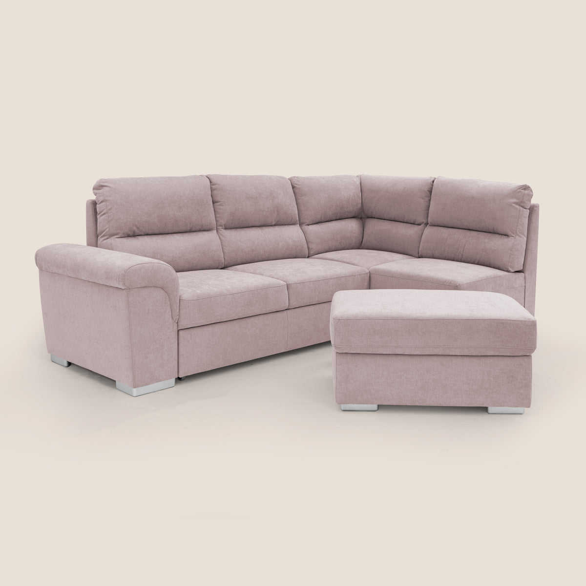 Minerva divano angolare con estraibile a cassettone e pouf contenitore in tessuto morbido impermeabile T02 rosa - divitt.sbs