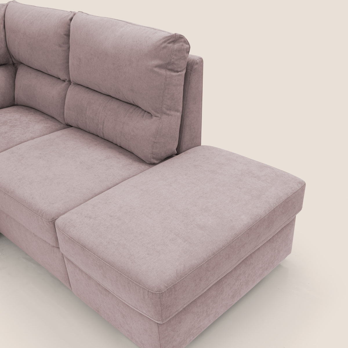 Minerva divano angolare con estraibile a cassettone e pouf contenitore in tessuto morbido impermeabile T02 rosa - divitt.sbs