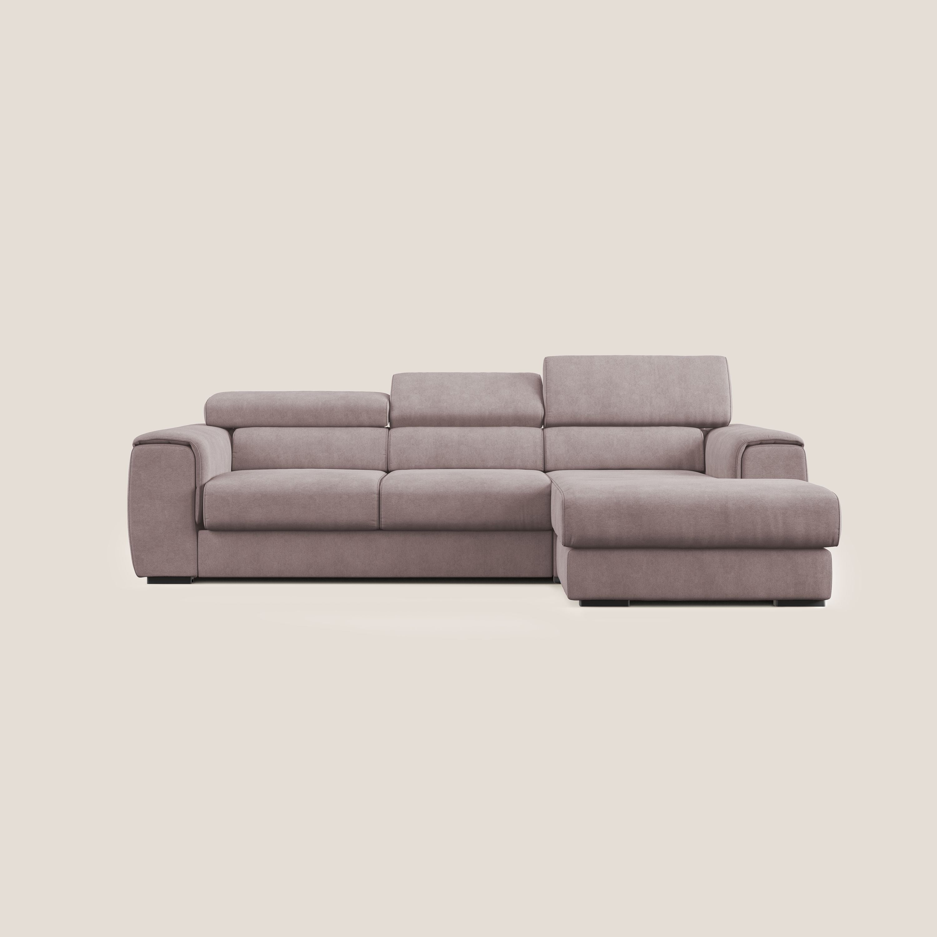 Zeno Divano angolare con pouf estraibile poggiapiedi in tessuto morbido impermeabile T02 rosa - divitt.sbs