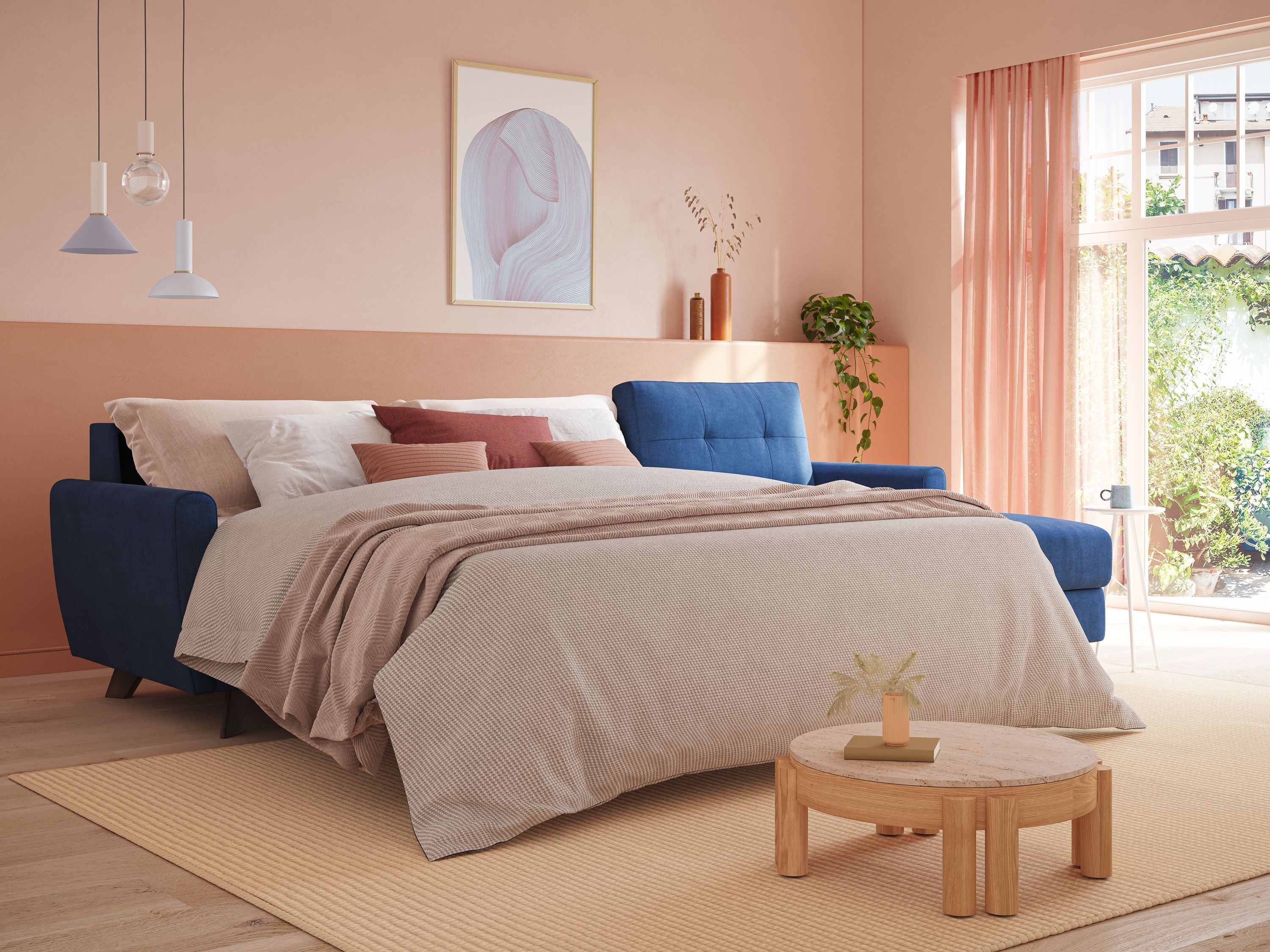Callisto Divano letto angolare con penisola in tessuto morbido impermeabile T02 rosa - divitt.sbs