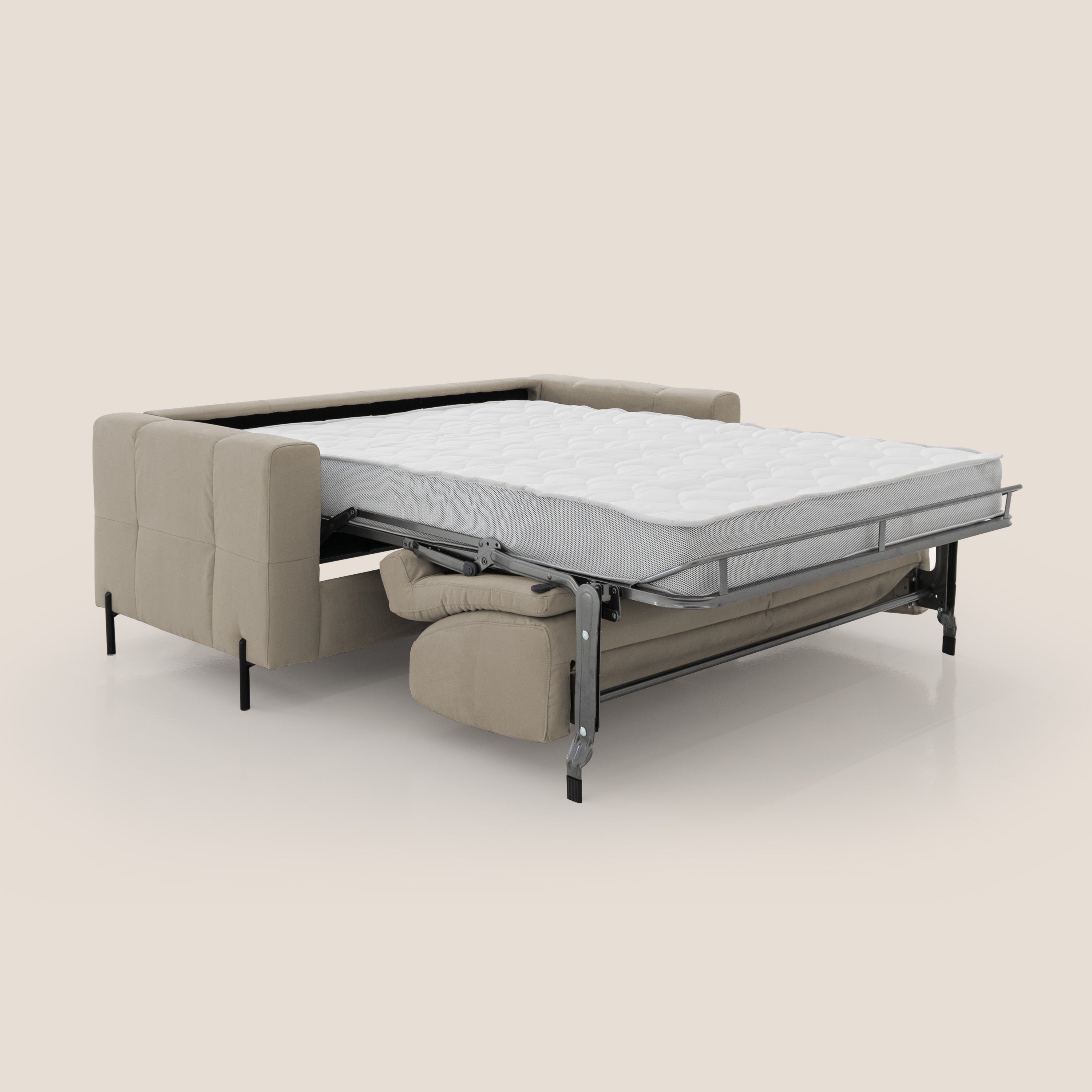 Ortensia divano letto materasso H18 cm con piedi alti in elegante microfibra smacchiabile T11 tortora - divitt.sbs